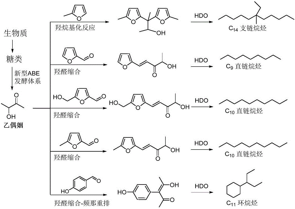 Method for preparing liquid fuel through catalytic conversion of biomass platform compound and ABE fermentation product acetoin