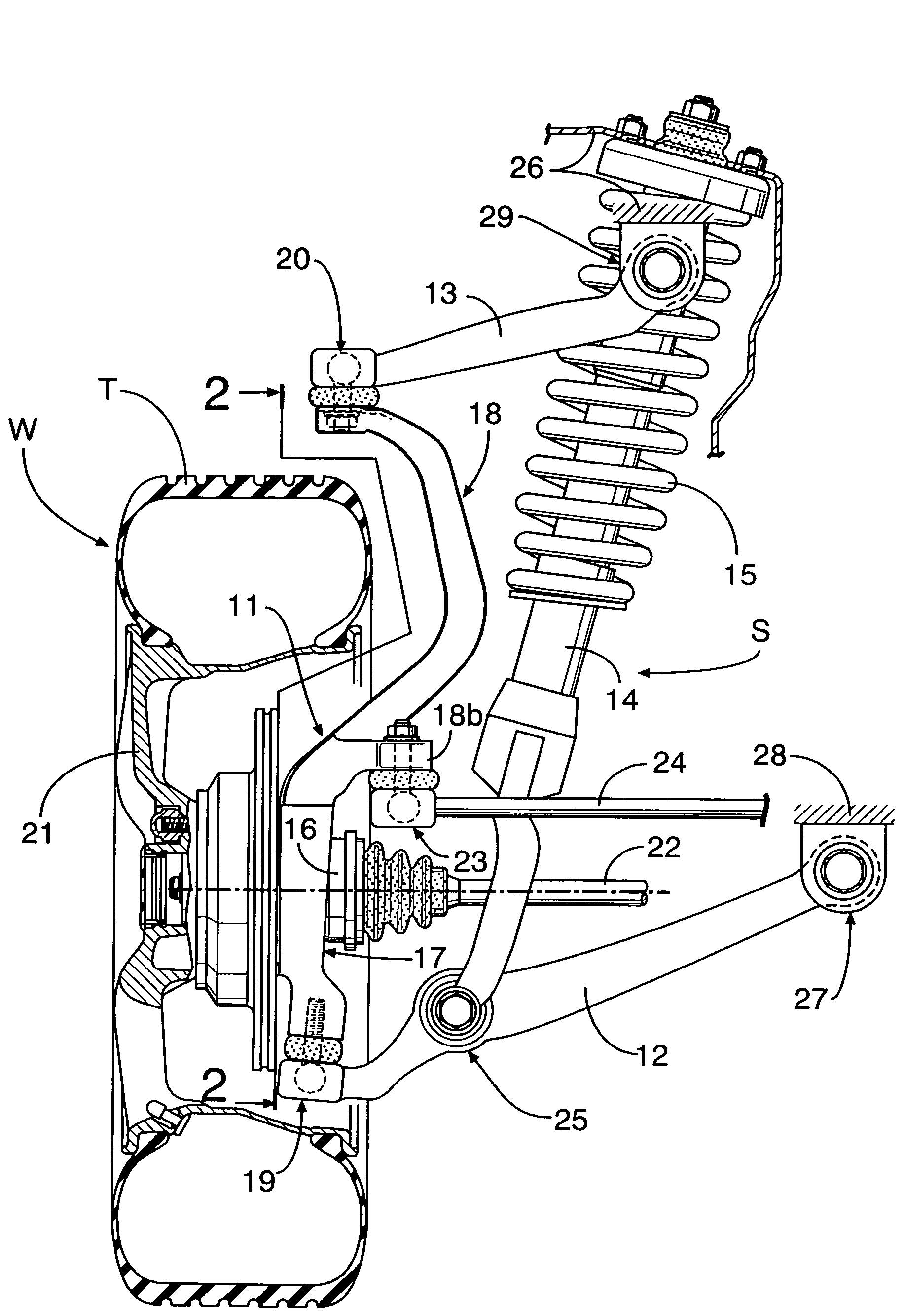 High-mounted double wishbone suspension device