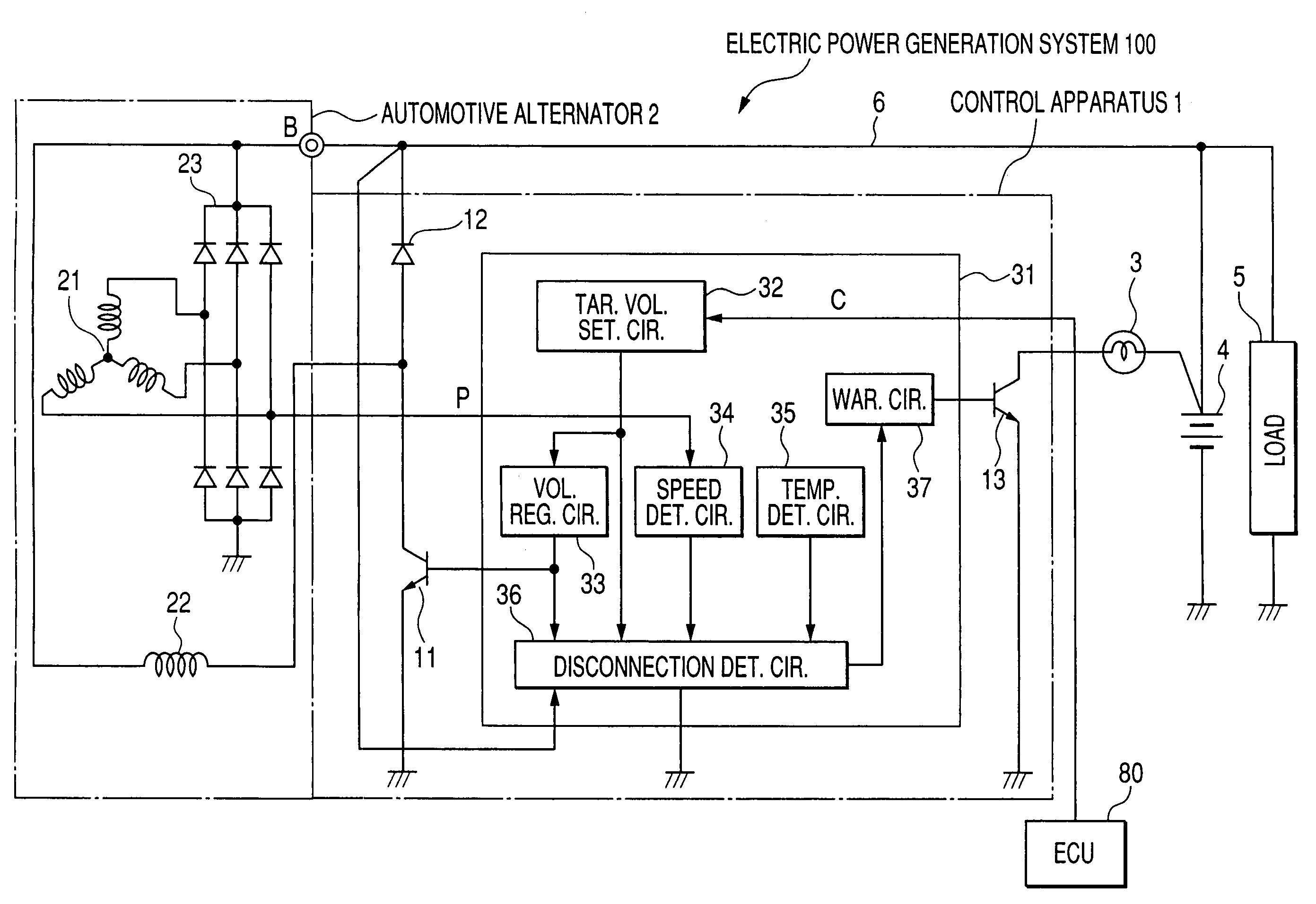 Control apparatus for automotive alternator having capability of reliably detecting disconnection between alternator and battery