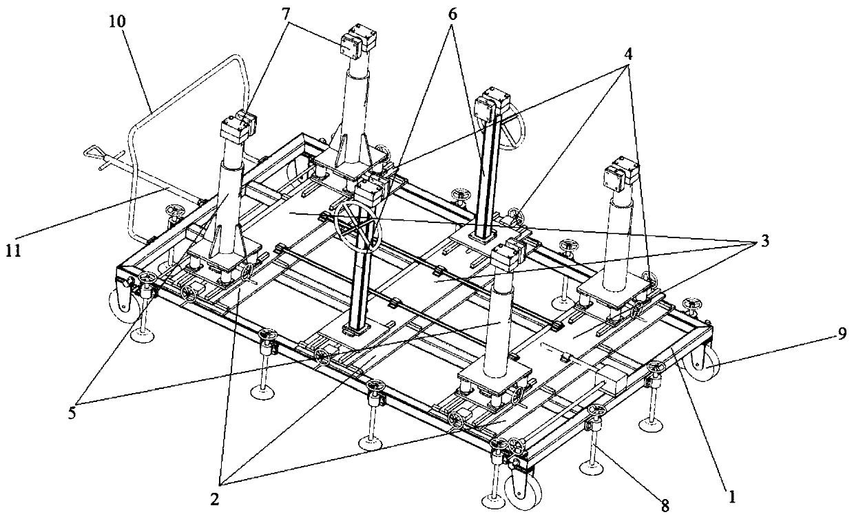 Three-direction posture adjustment combined engine butting assembly device