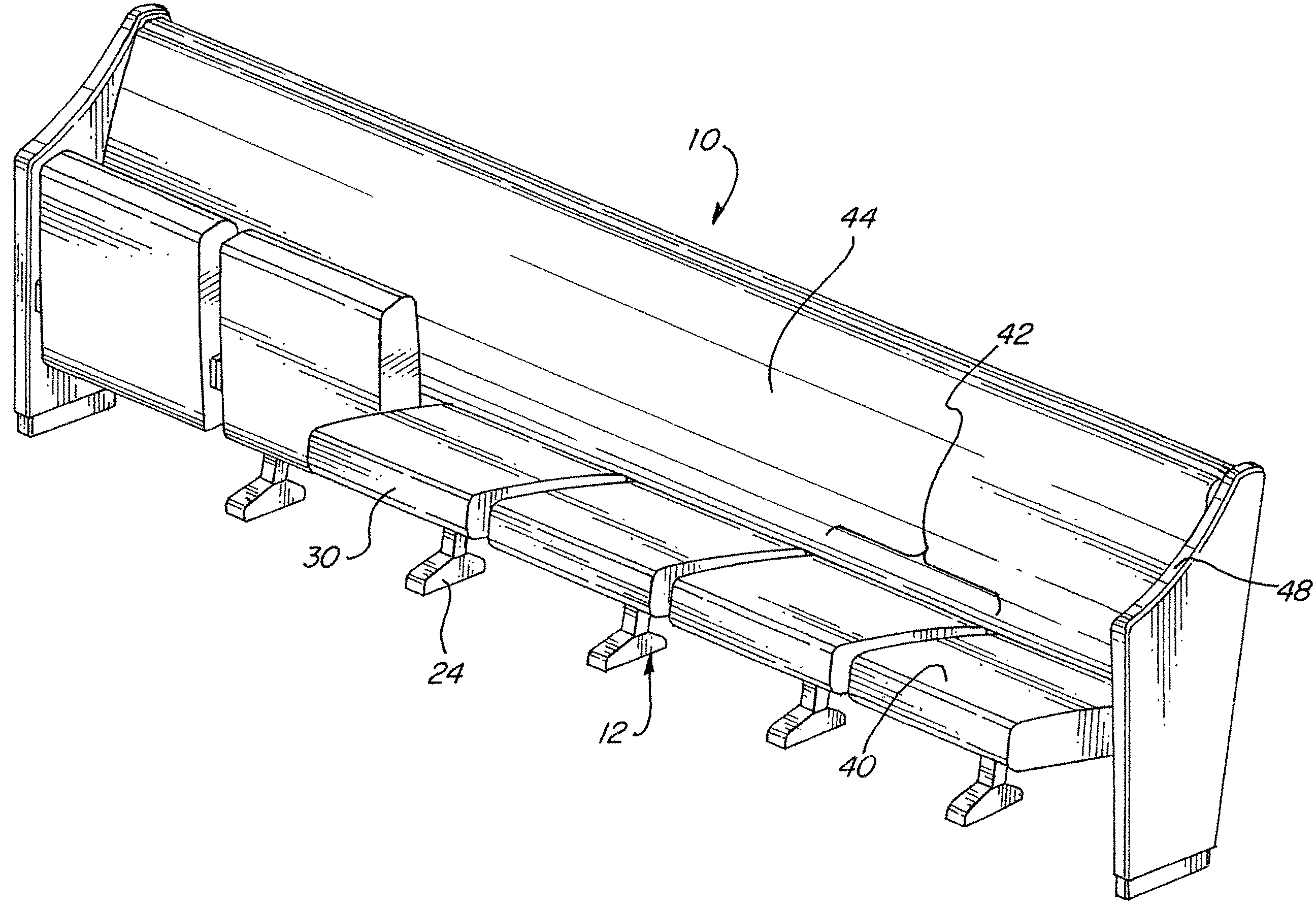 Pew style seating assembly