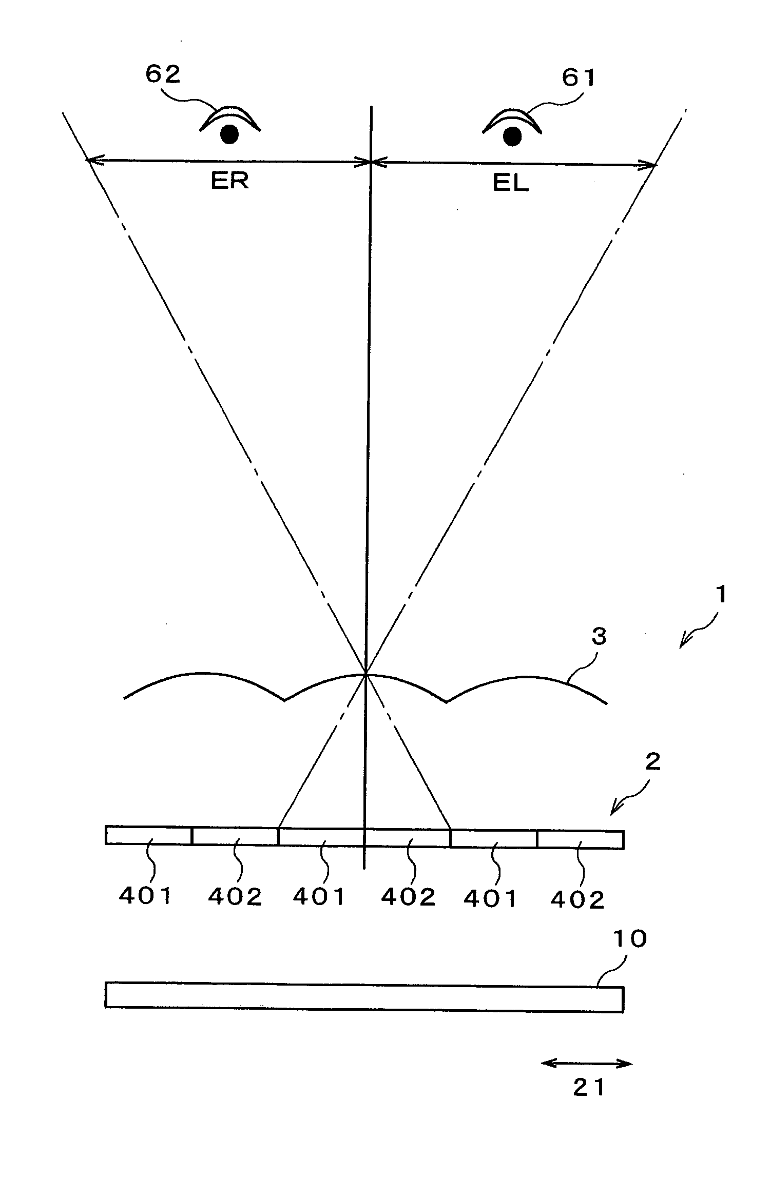 Three-dimensional image display device, portable terminal device, display panel and fly eye lens