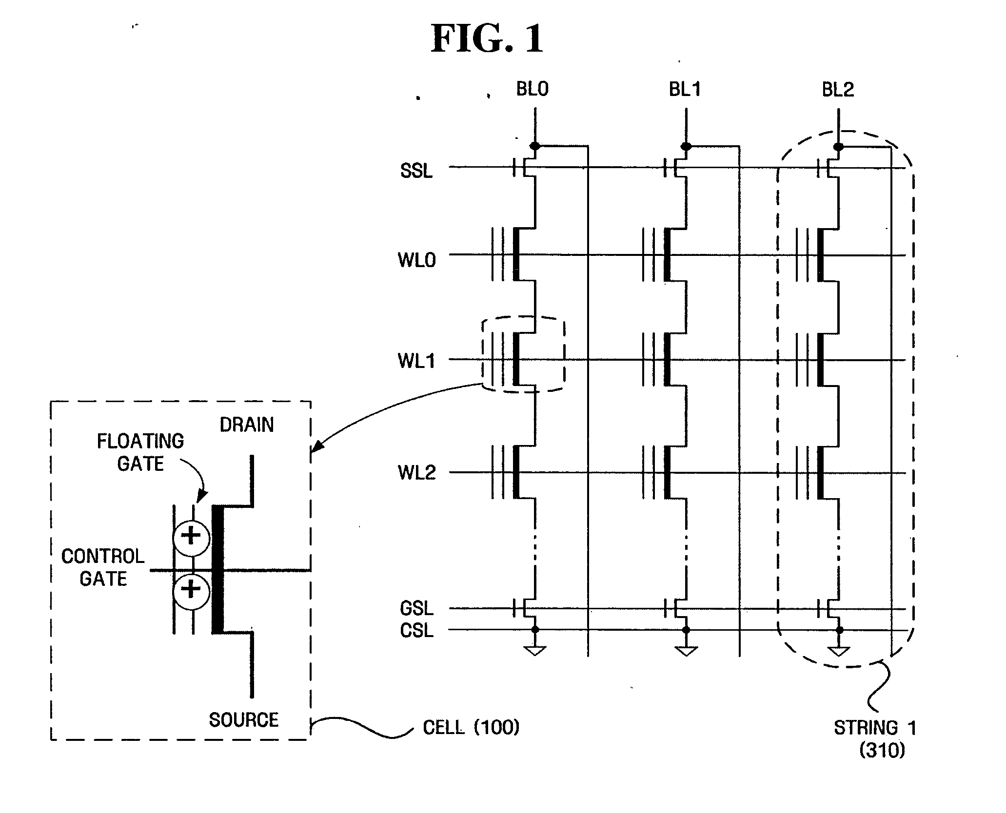 Nonvolatile memory device and method for storing status information using multiple strings