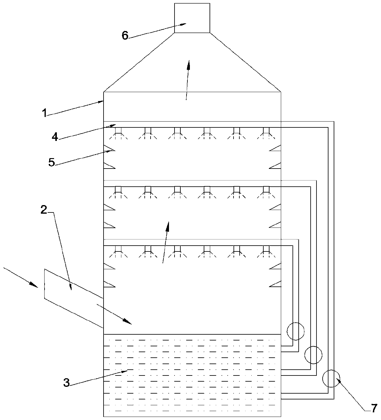 Desulphurization absorbing tower having flow-guiding bodies on tower wall