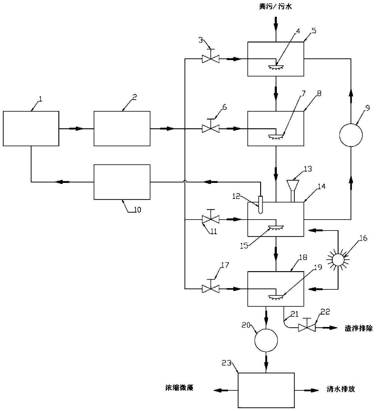 Anaerobic-aerobic-microalgae coupling treatment device and feces and/or domestic sewage treatment method