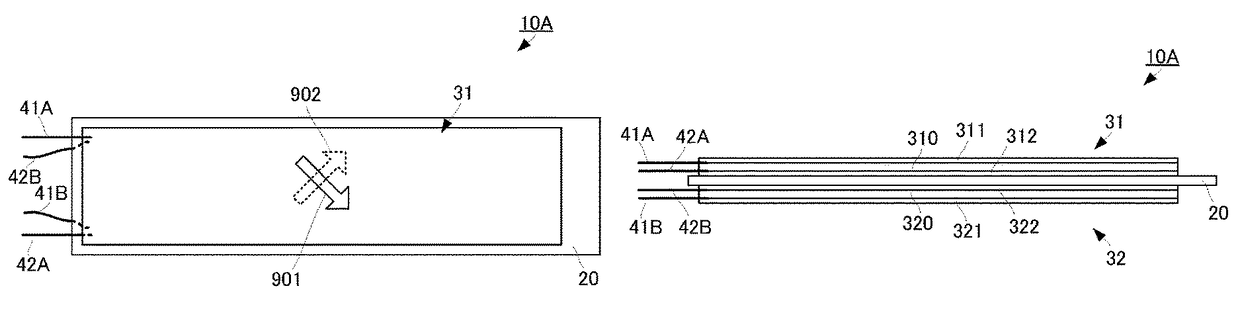 Displacement sensor having a piezoelectric layer comprising polylactic acid, displacement detecting device and operation device having the same