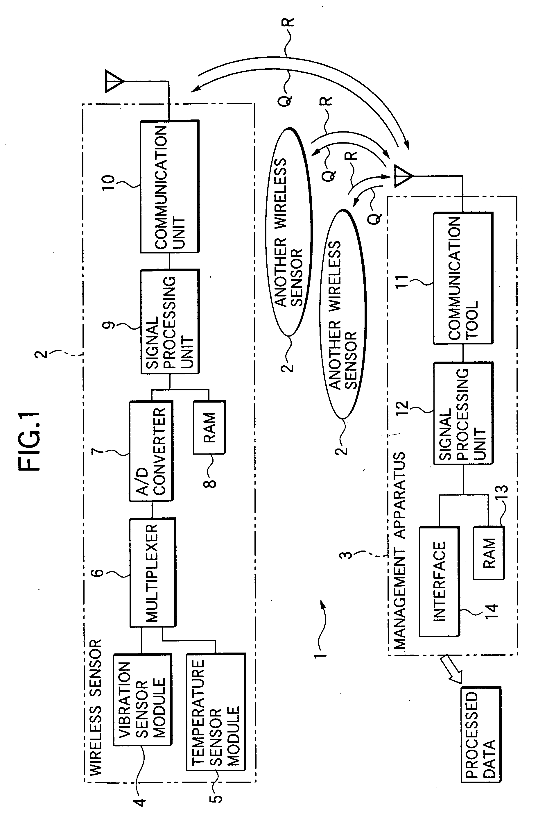 Wireless sensor, rolling bearing with sensor, management apparatus and monitoring system