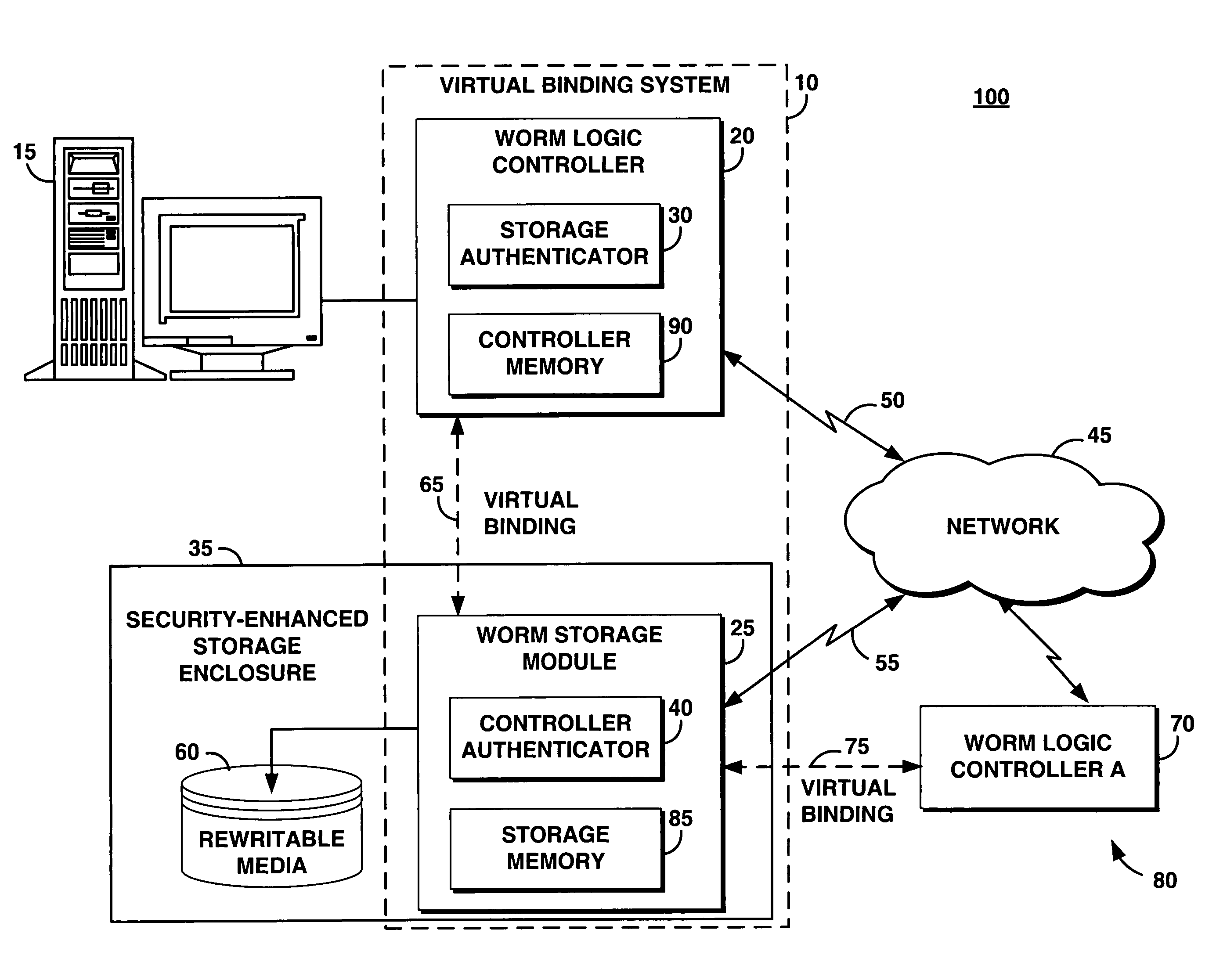 System and method for providing a virtual binding for a worm storage system on rewritable media