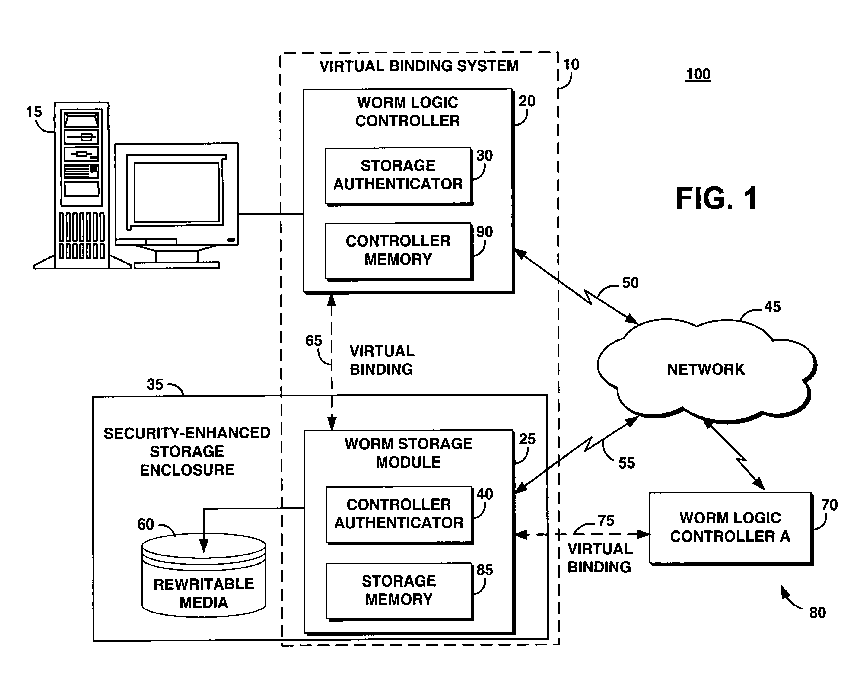 System and method for providing a virtual binding for a worm storage system on rewritable media