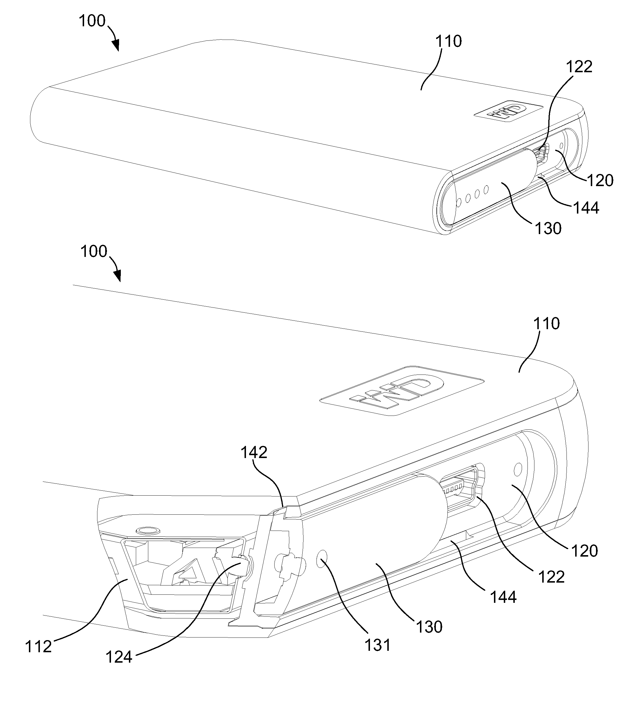 Disk drive enclosure with a sliding door having tabs with adjacent through-slots