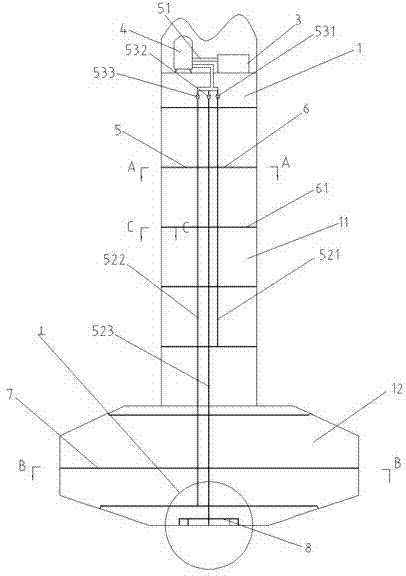 Marine wind driven generator mounting and transporting spud leg mud discharging, air injecting and washing device and method