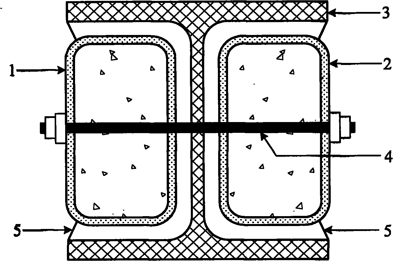 Double-rectangular pipe restraint H-shaped section assembling type bending prevention energy consuming support with ribs