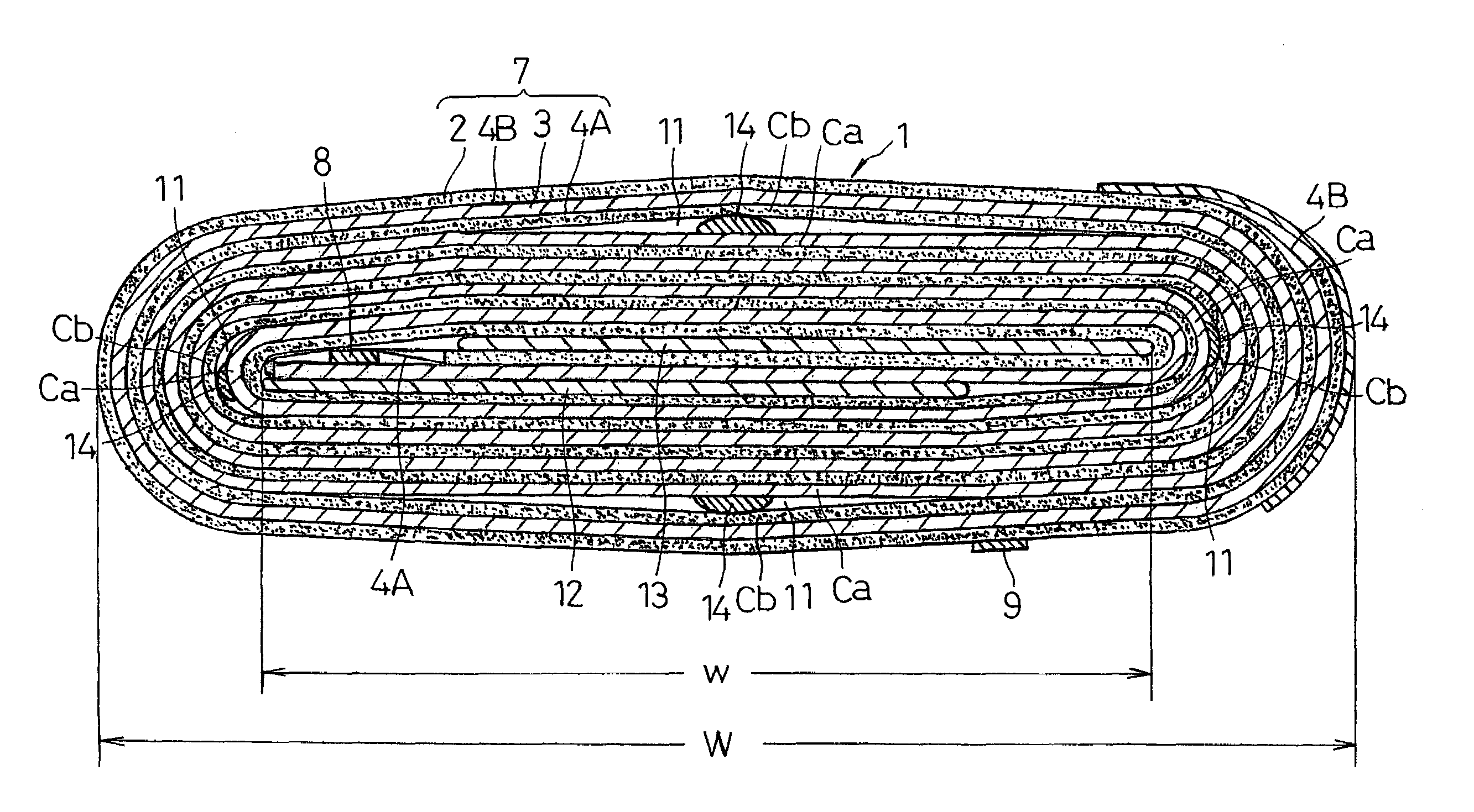 Battery and method for manufacturing spiral electrode group for use therein