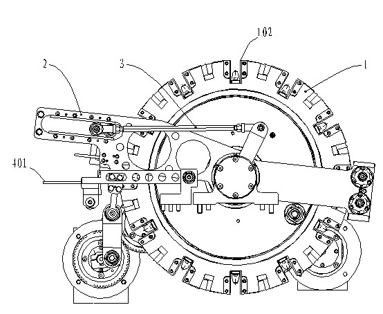 Device for synchronizing packaging wheel and swing arms of handkerchief paper packaging machine and design method