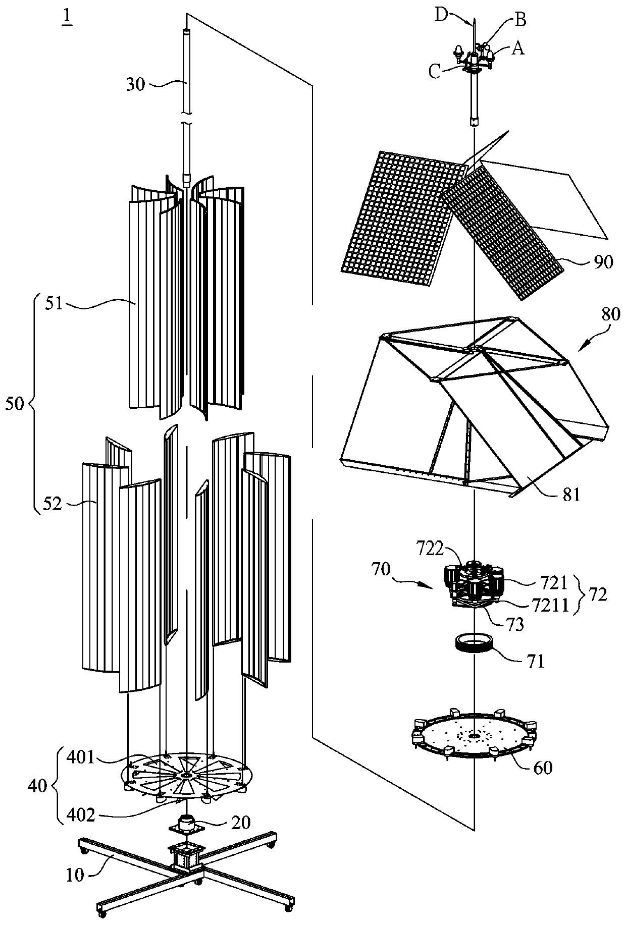 Wind power generation device combined with solar panels and the power generation device composed of it