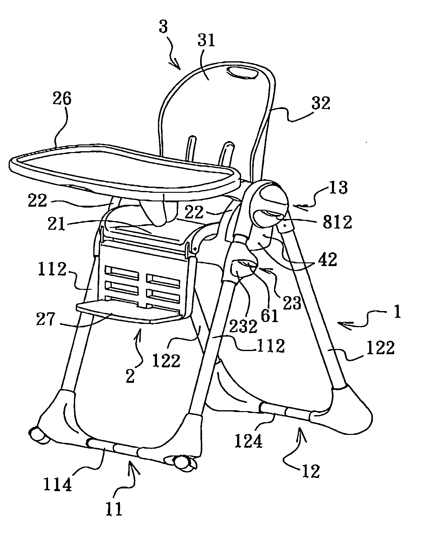 Child high chair with an inclination adjustable backrest