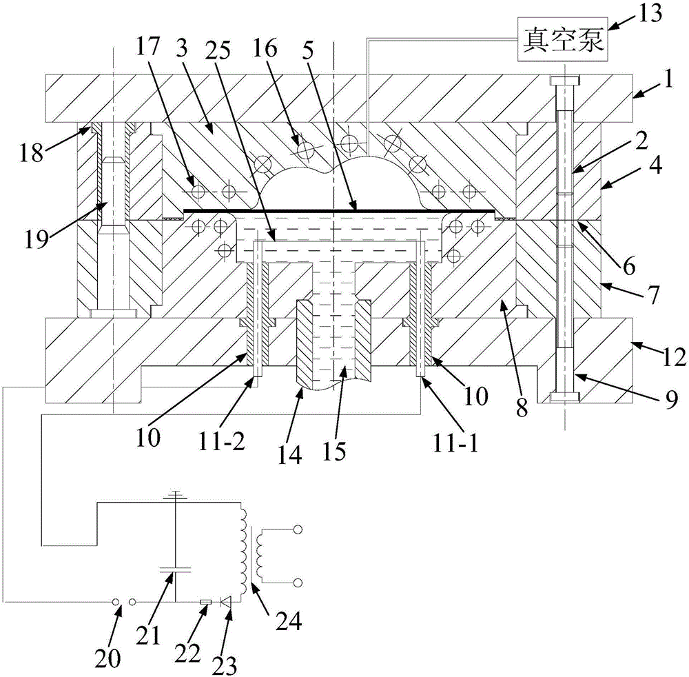 Plate warm electro-hydraulic high-speed impact-quasi static hydraulic composite forming device and plate forming method achieved by adopting device