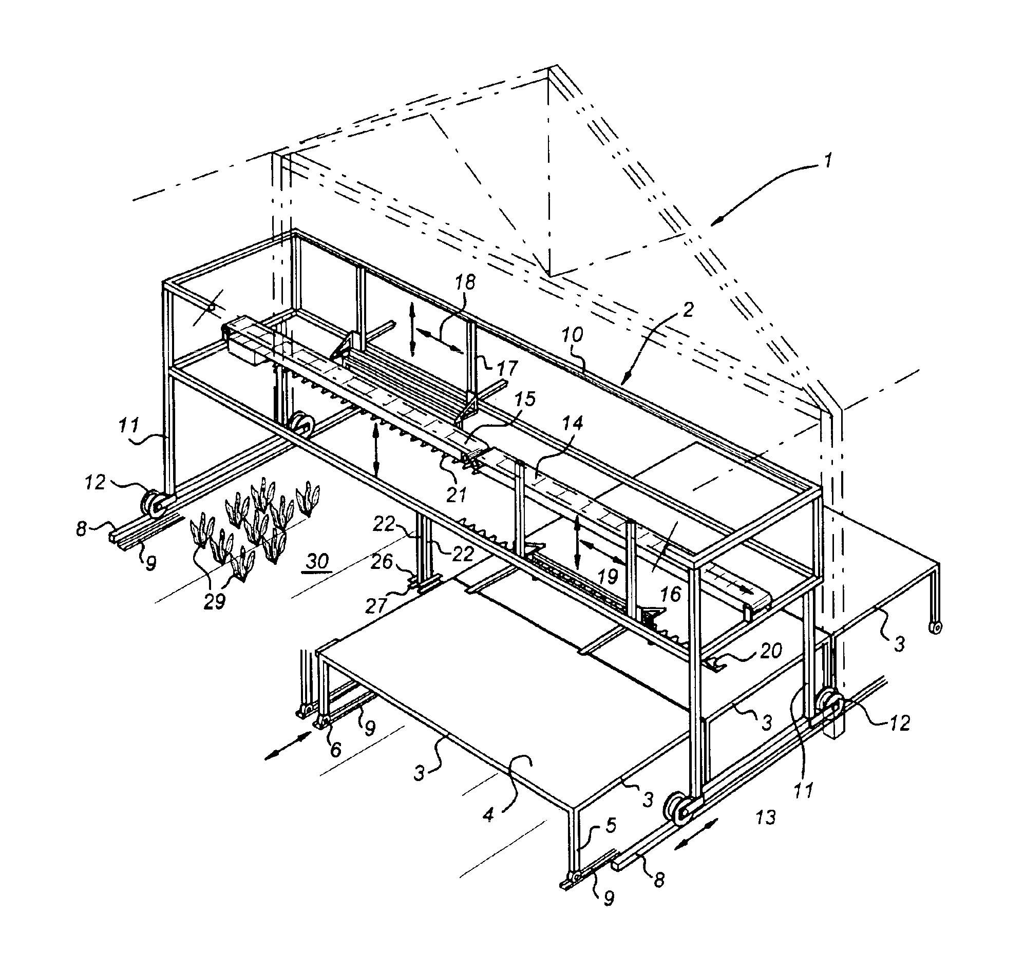 Method for growing plants accommodated in containers on a bearer provided at a first, low level in a glasshouse