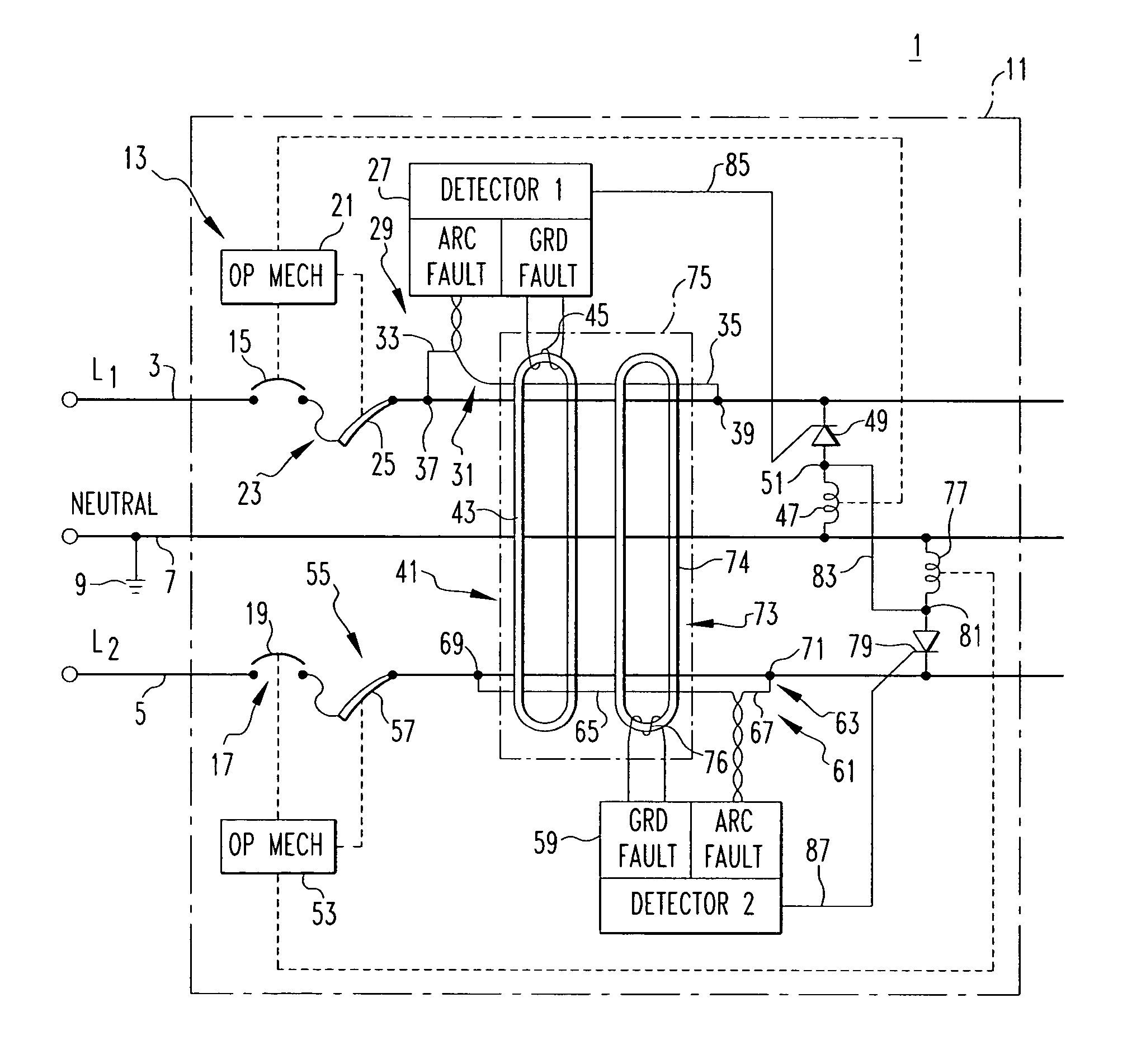 Fault detector for two line power distribution system and protection apparatus incorporating the same