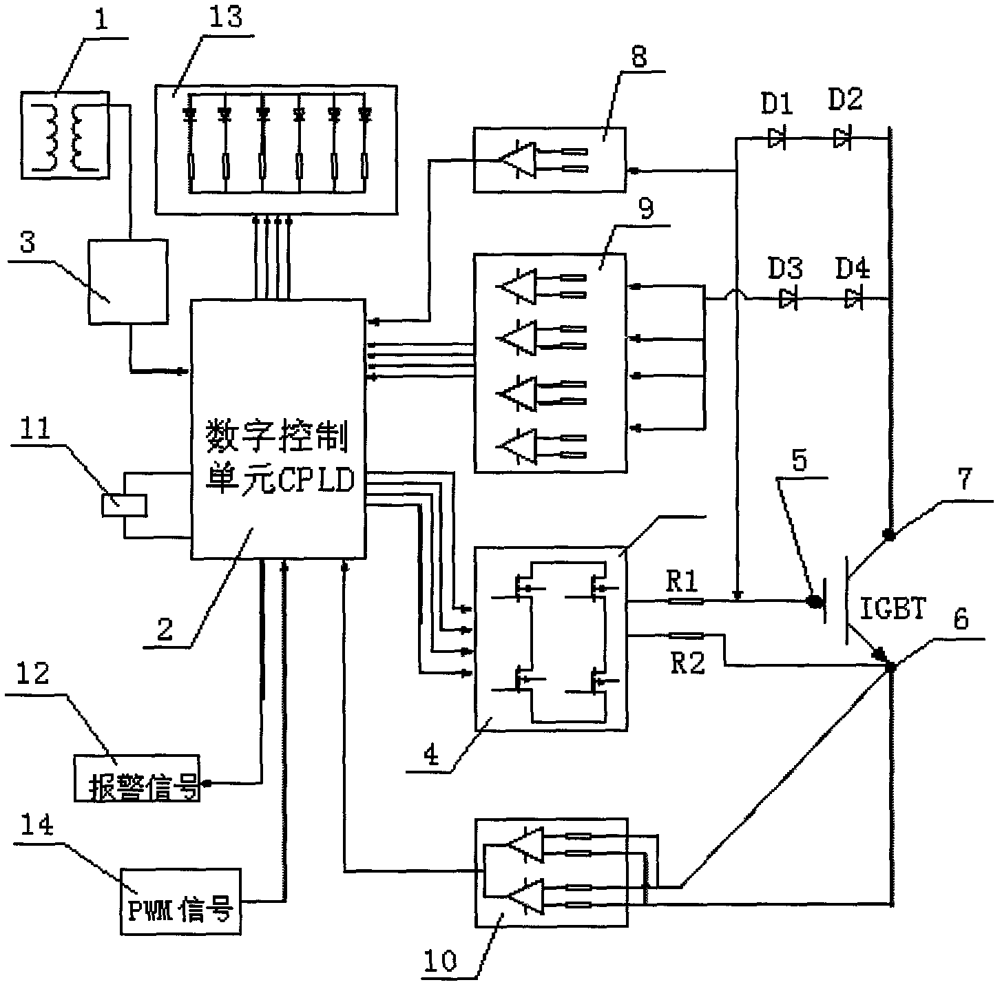 Digital intelligent driving device of high-power IGBT (insulated gate bipolar translator)