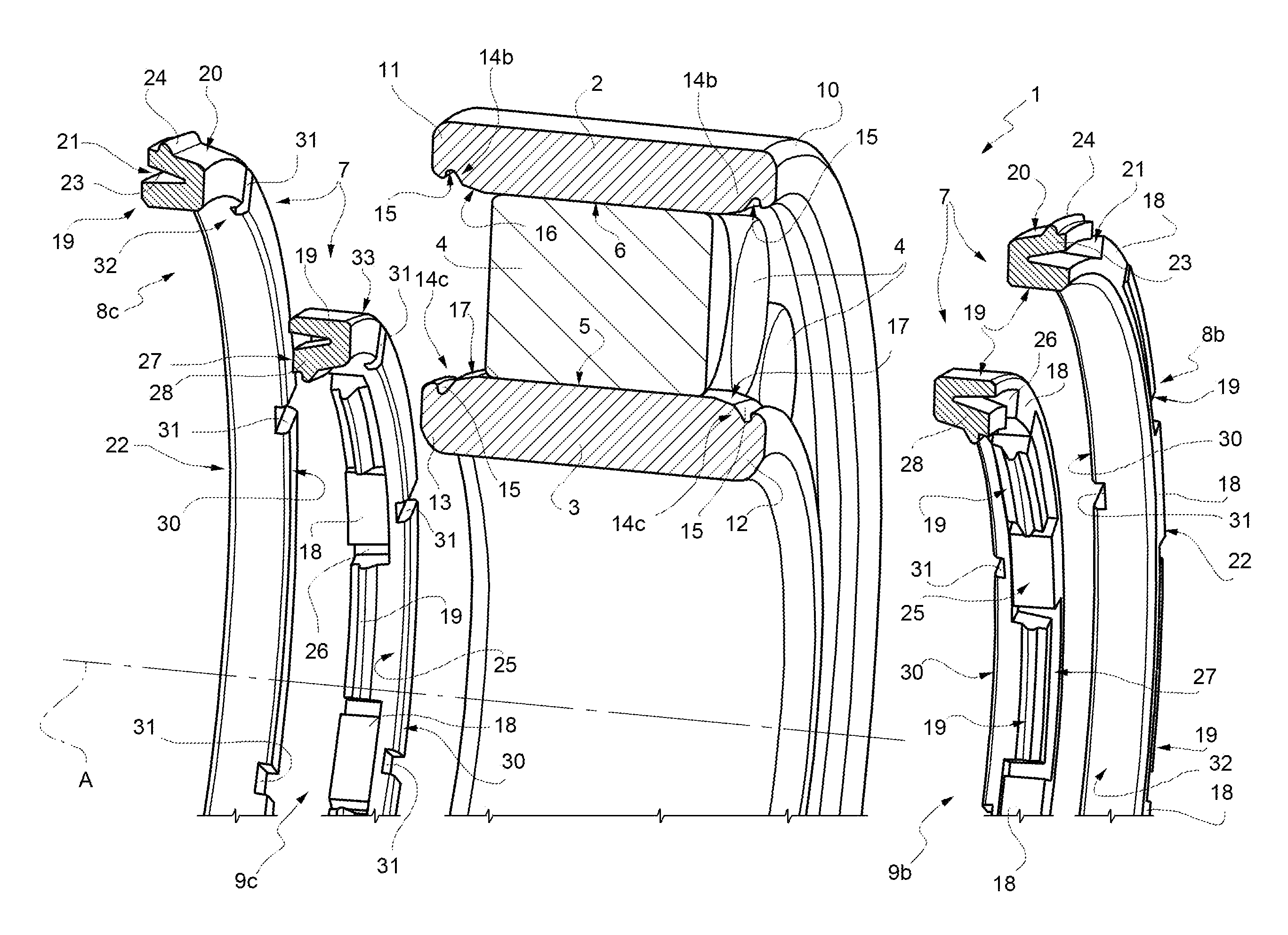 Roller bearing with modular shoulders