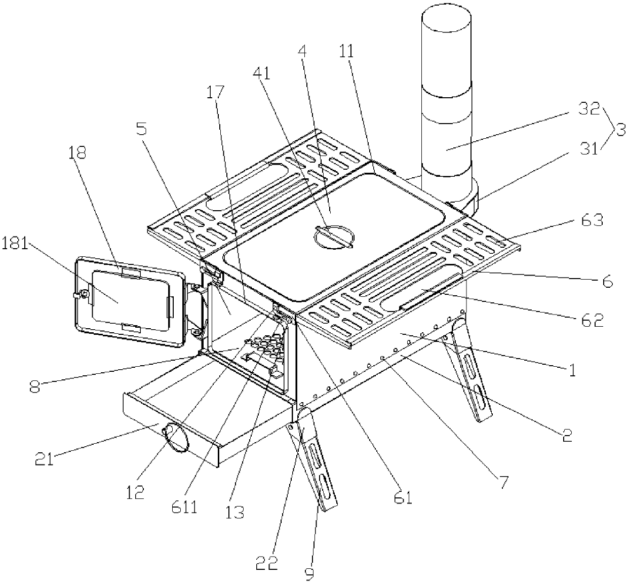 Outdoor multi-purpose tent heating wood stove