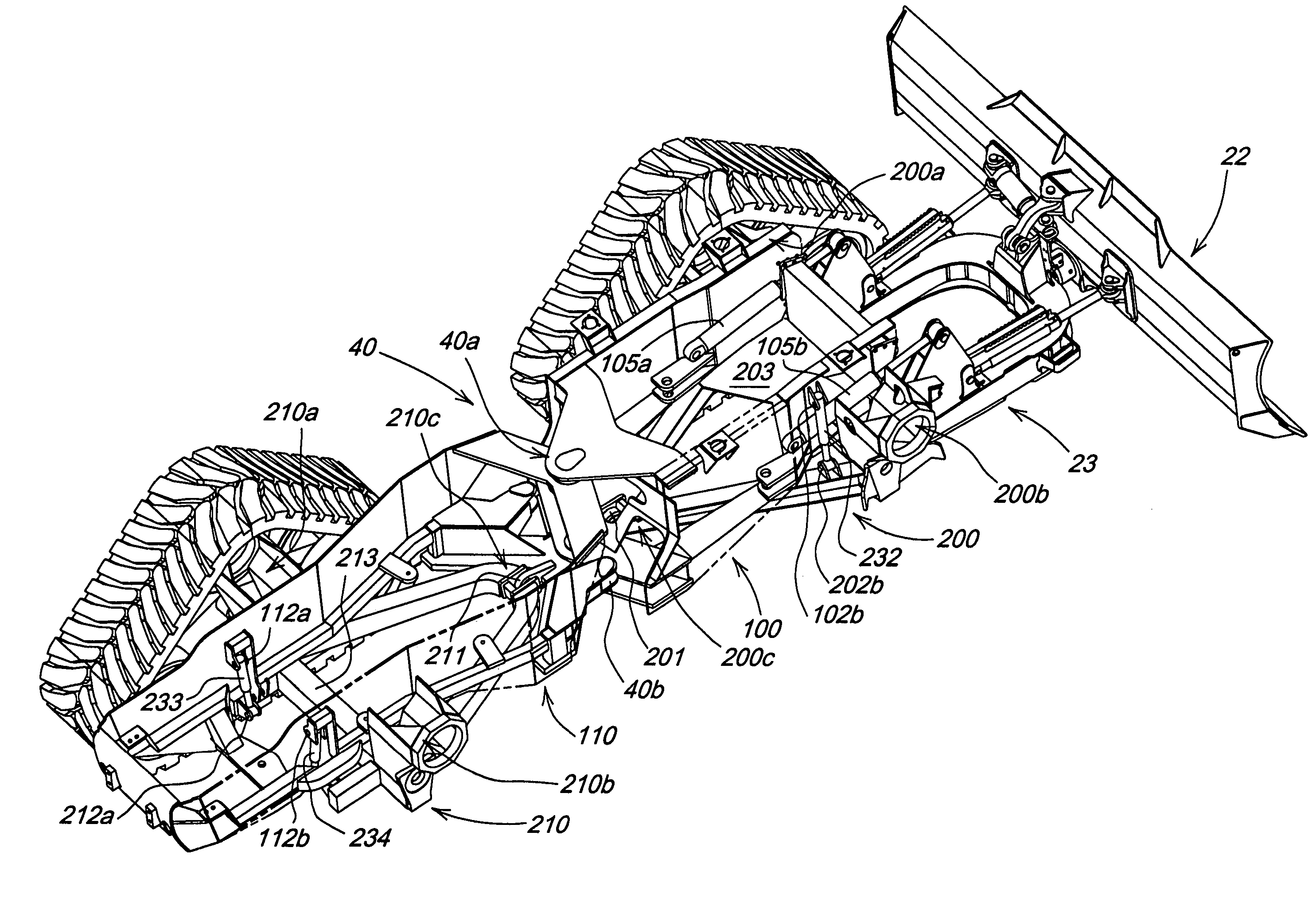 Articulated dozer with frame structure for decreased height variation in the vehicle chassis