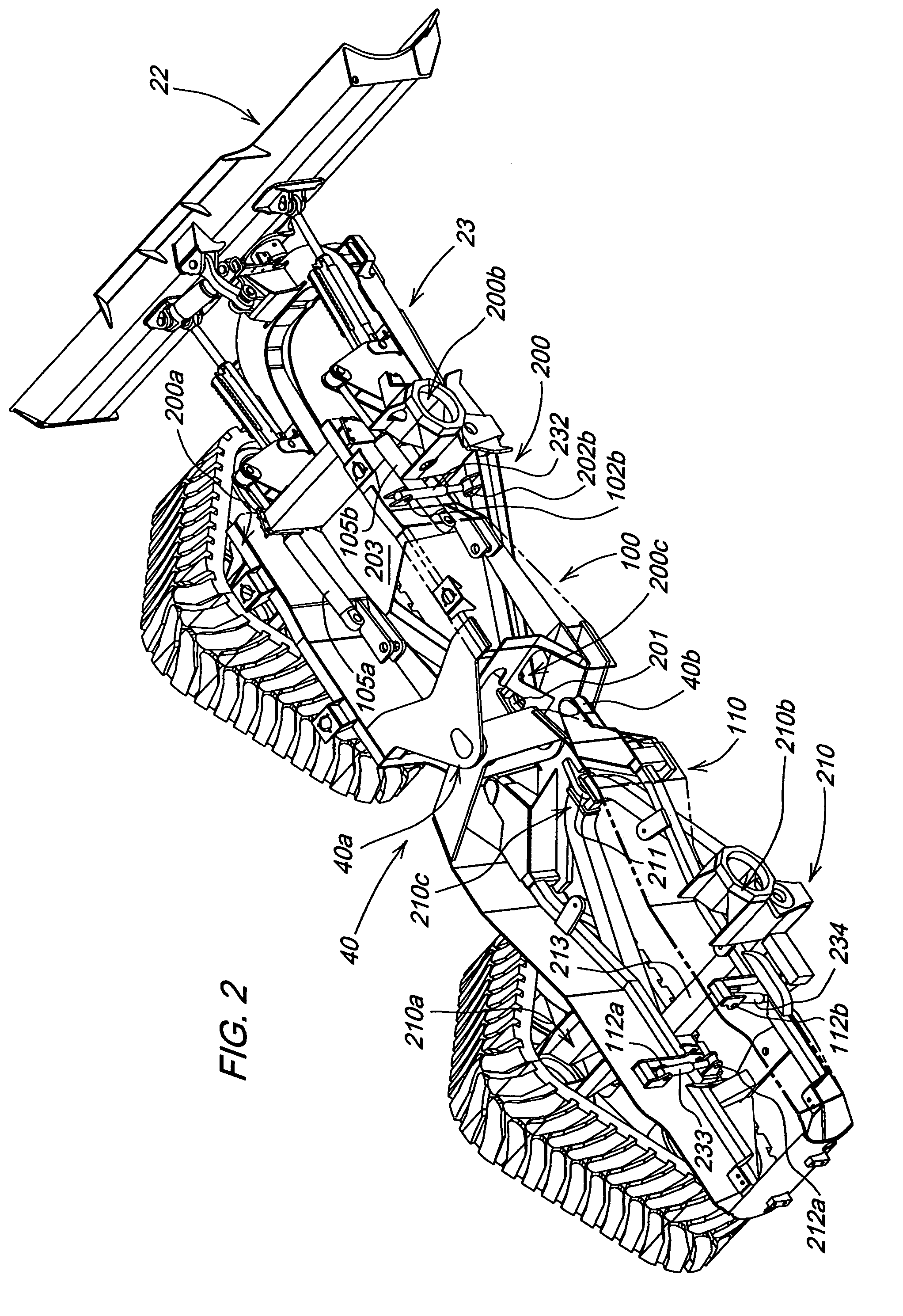 Articulated dozer with frame structure for decreased height variation in the vehicle chassis