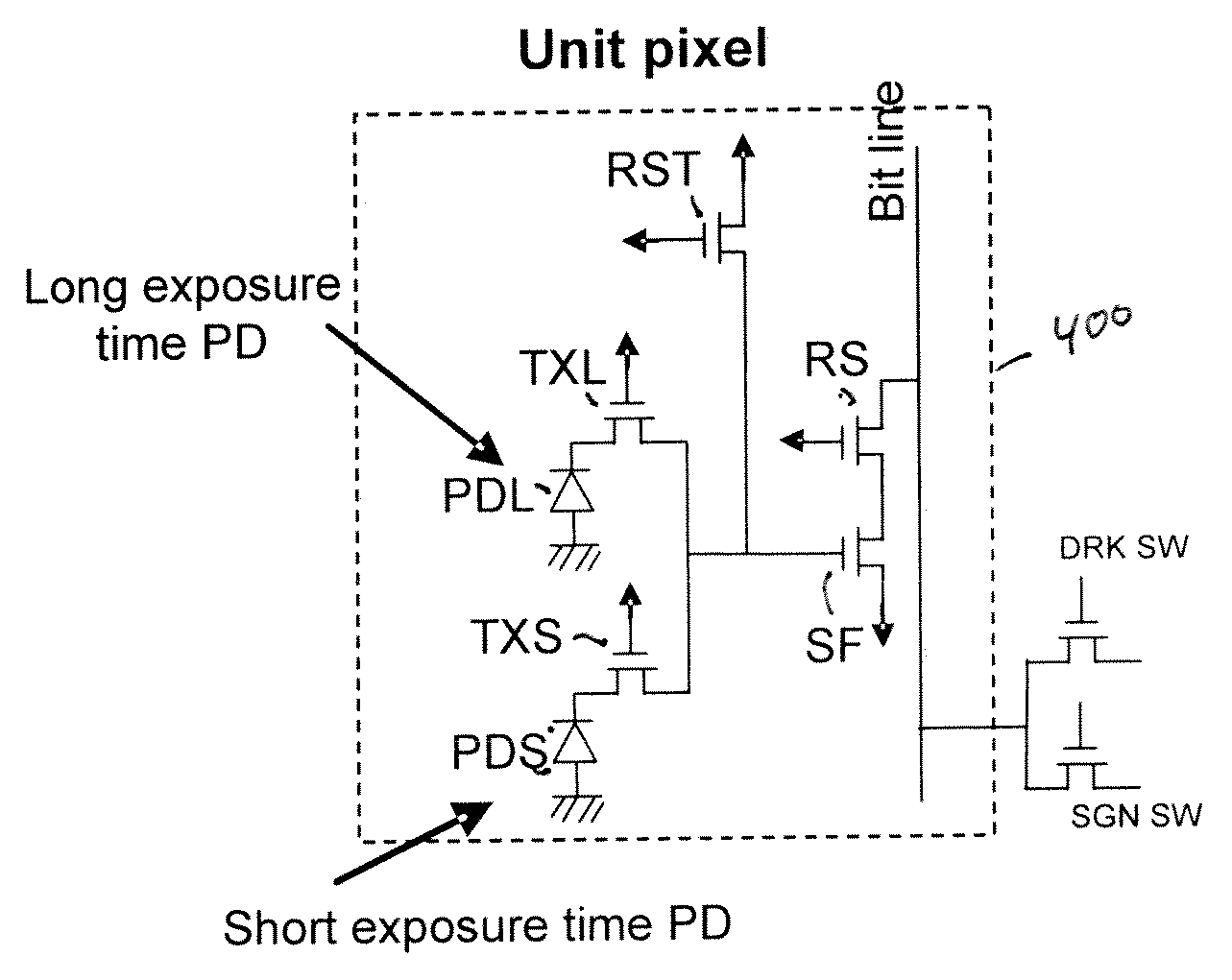 High dynamic range sensor with blooming drain