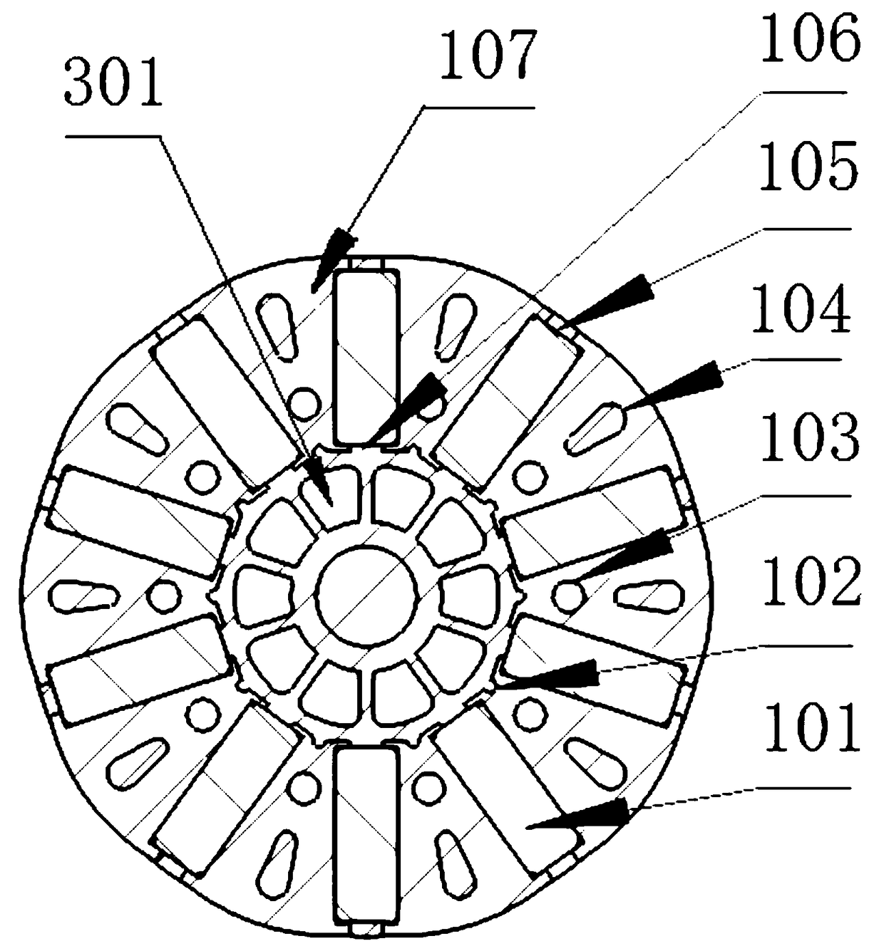 Segmented iron core IPM plastic package forming rotor