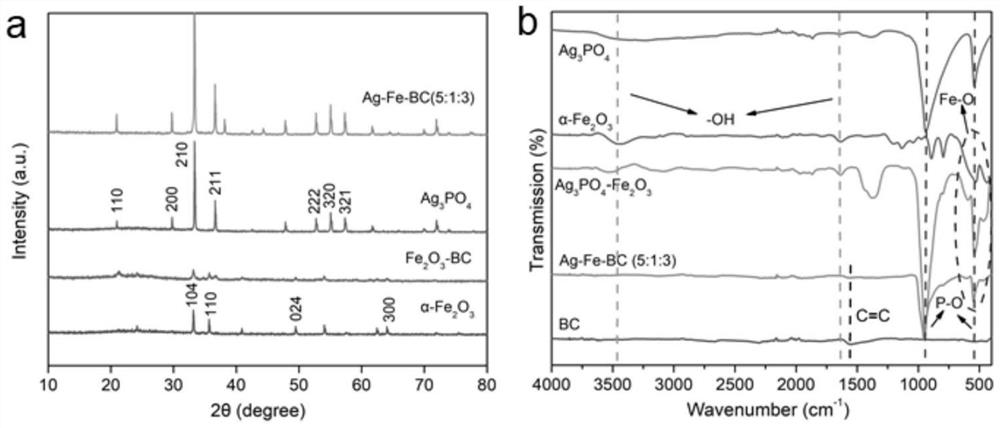 Biochar-mediated Ag3PO4/alpha-Fe2O3 heterojunction visible light catalytic composite material and preparation method thereof