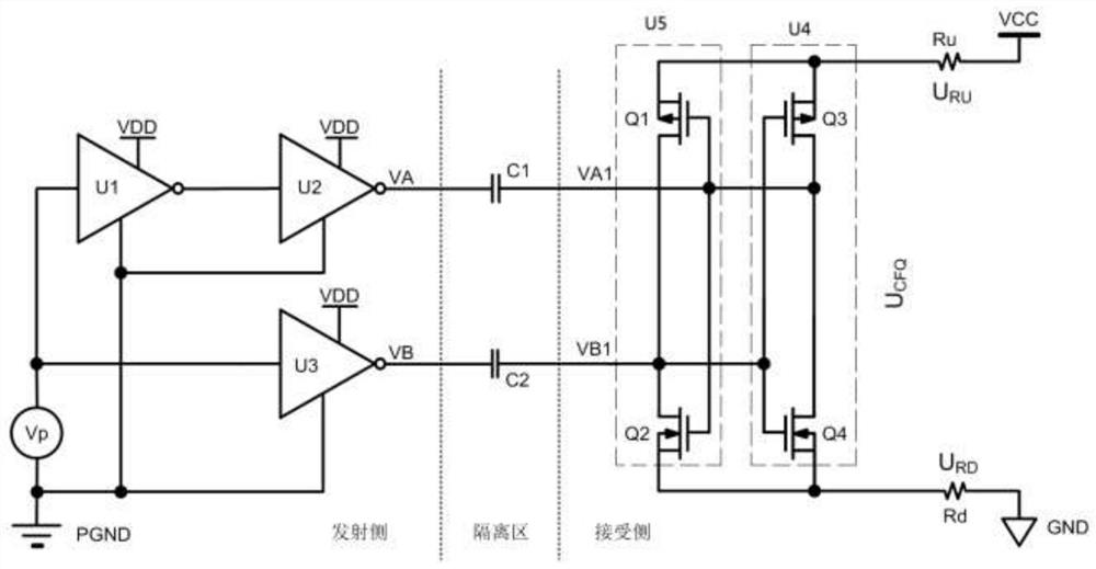 Transmission device for capacitive coupling isolation transmission of pulse signals and corresponding transmission method