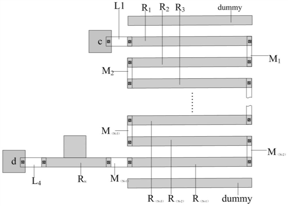 Resistor layout arrangement structure applied to high-precision and high-common-mode differential amplifier and trimming method