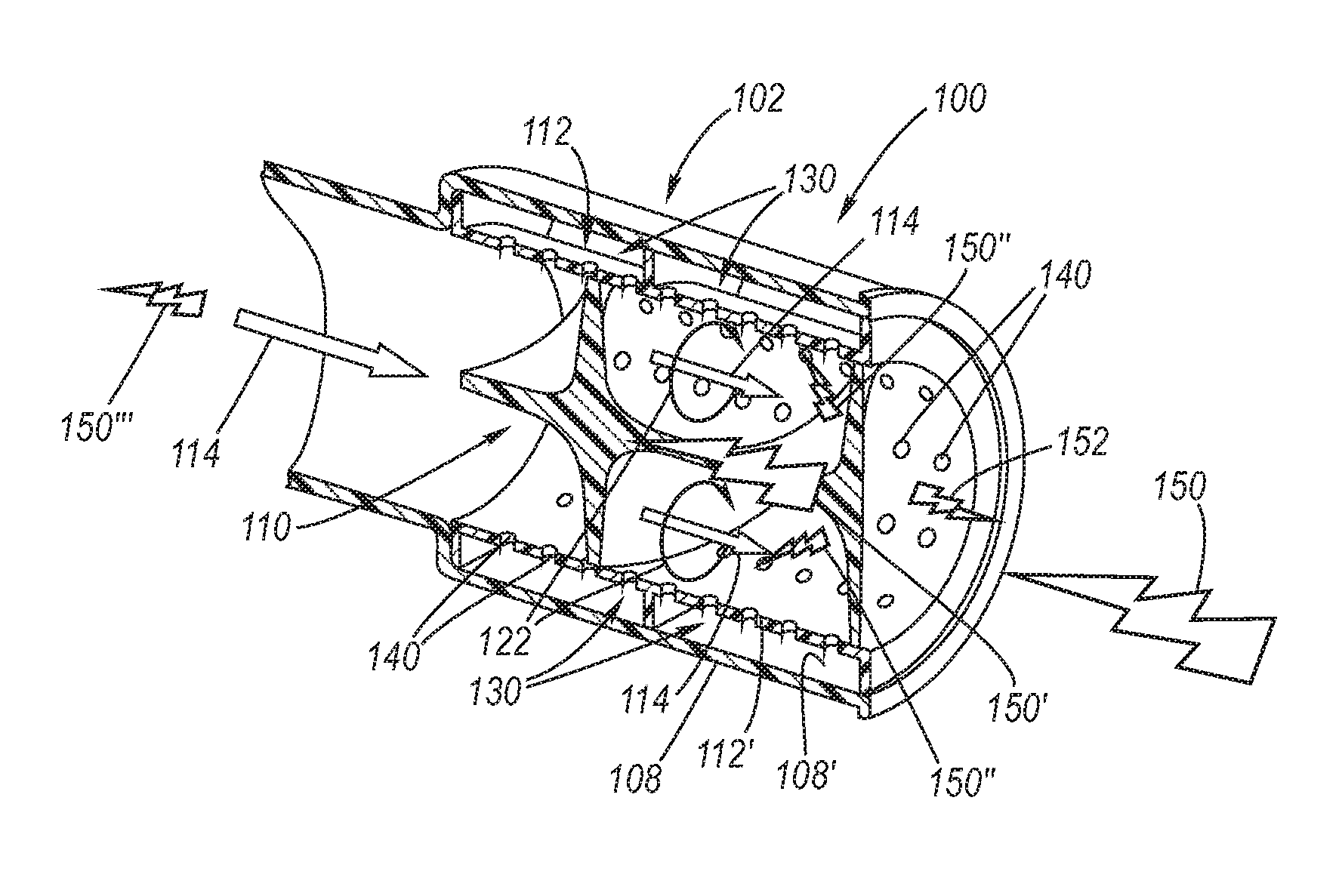 Induction system with air flow rotation and noise absorber for turbocharger applications