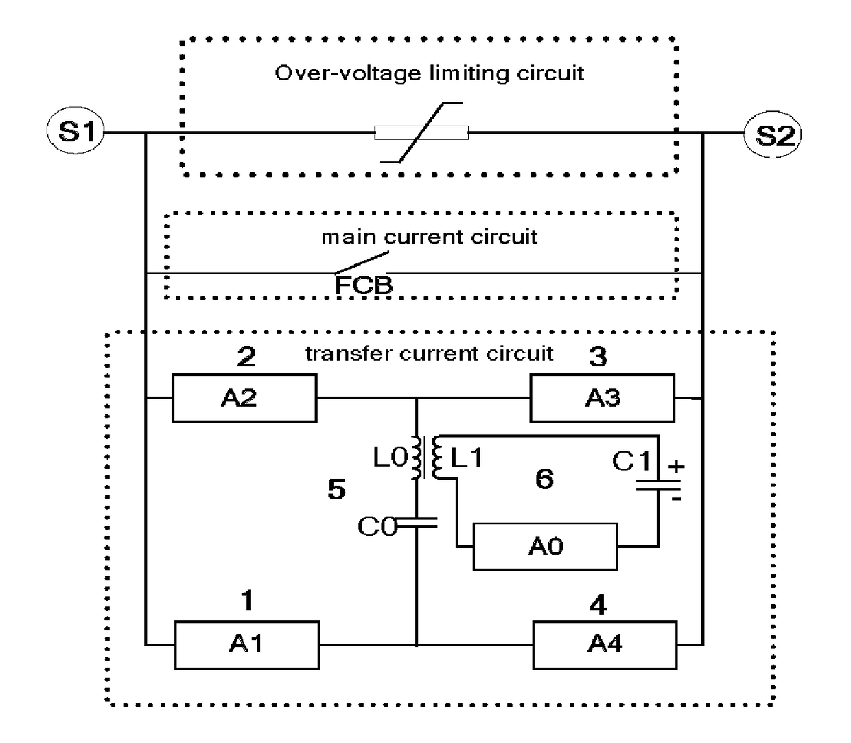 Hybrid circuit breaker having a bridge induction transfer structure