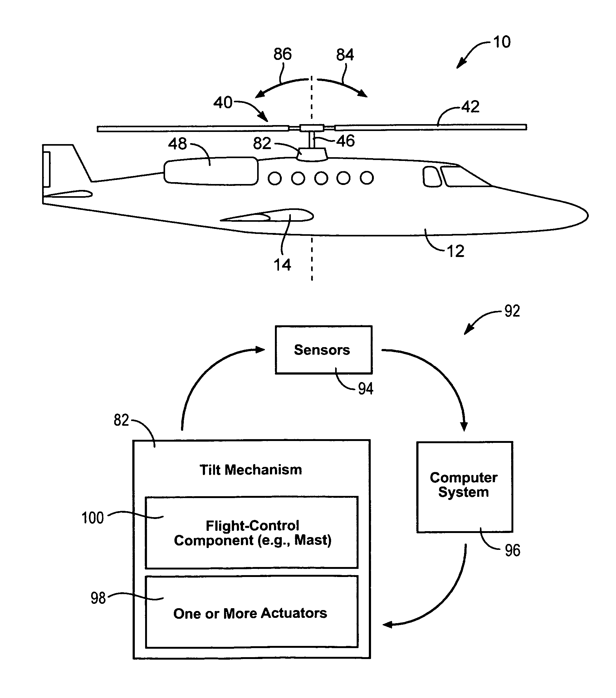 Rotor-mast-tilting apparatus and method for lower flapping loads