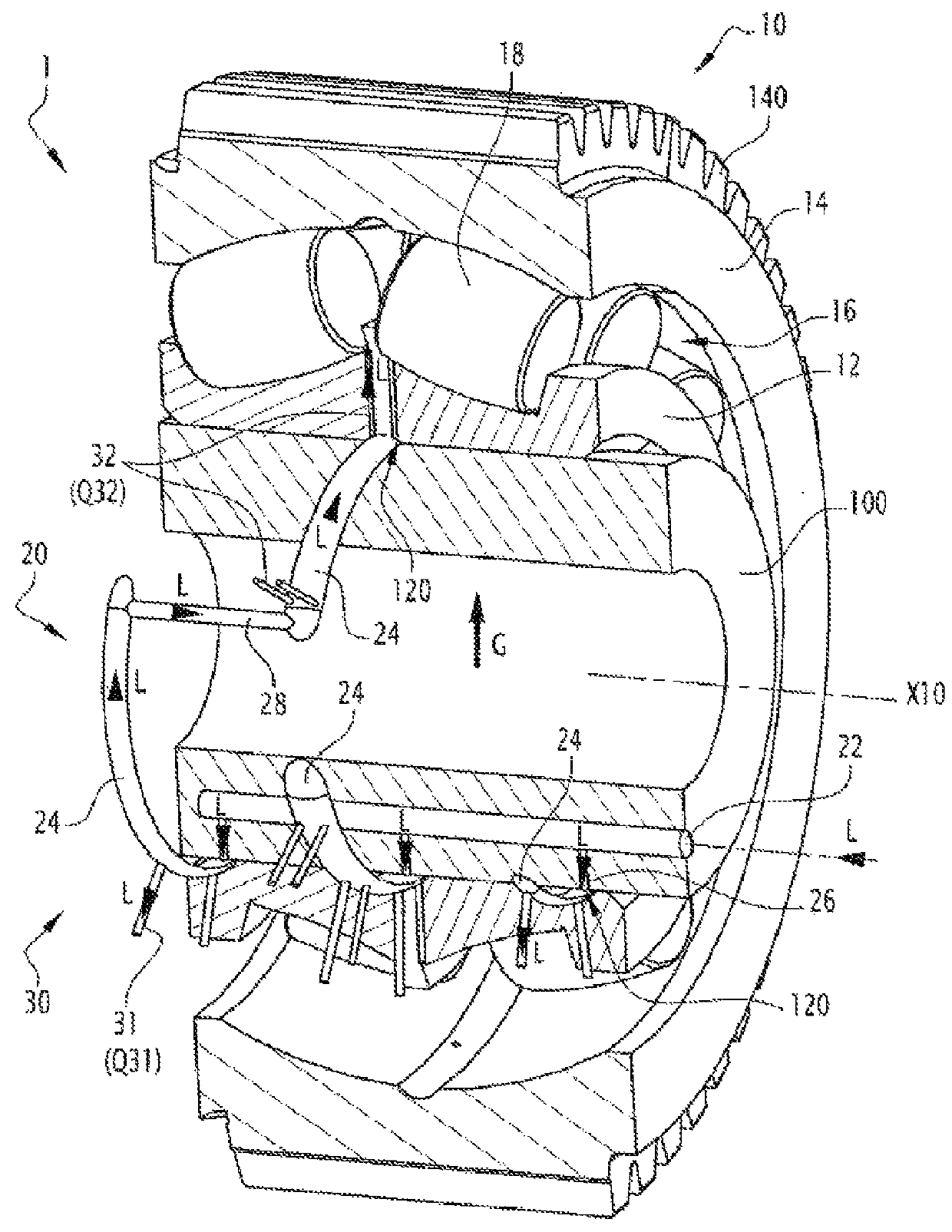 Mechanical device comprising a bearing and a lubrication system, implementing machine and method