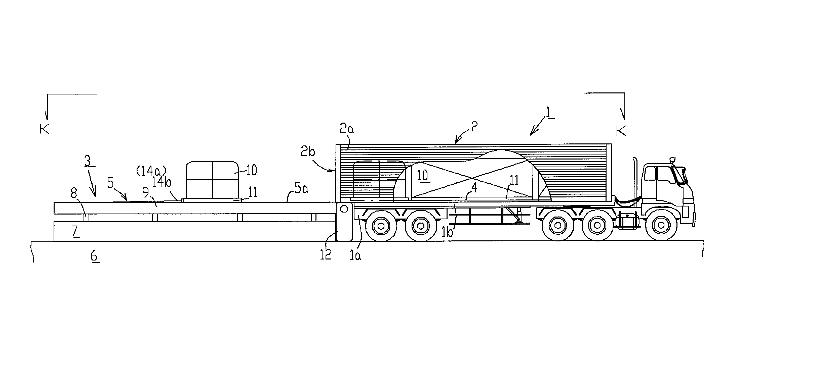 Device for carrying article into and from container, method for introducing and discharging article into and from container, and pallet for carrying article