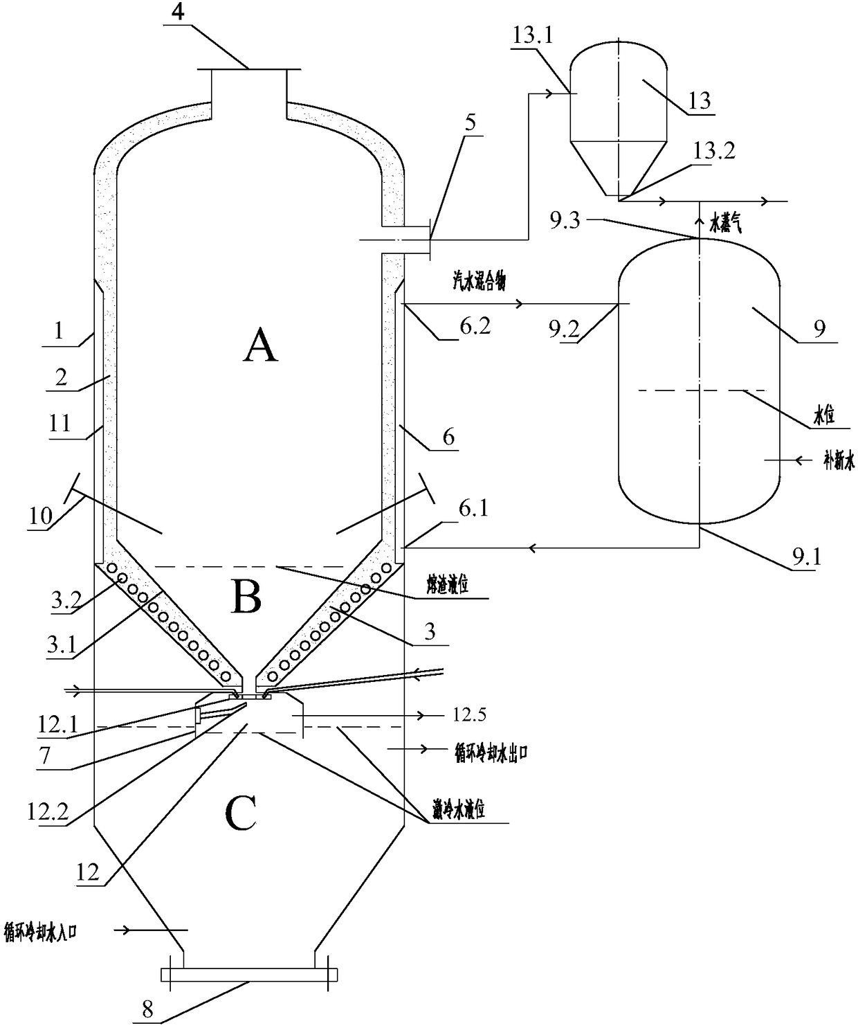 Integrated fixed bed gasifier for chilling and deslagging molten slags