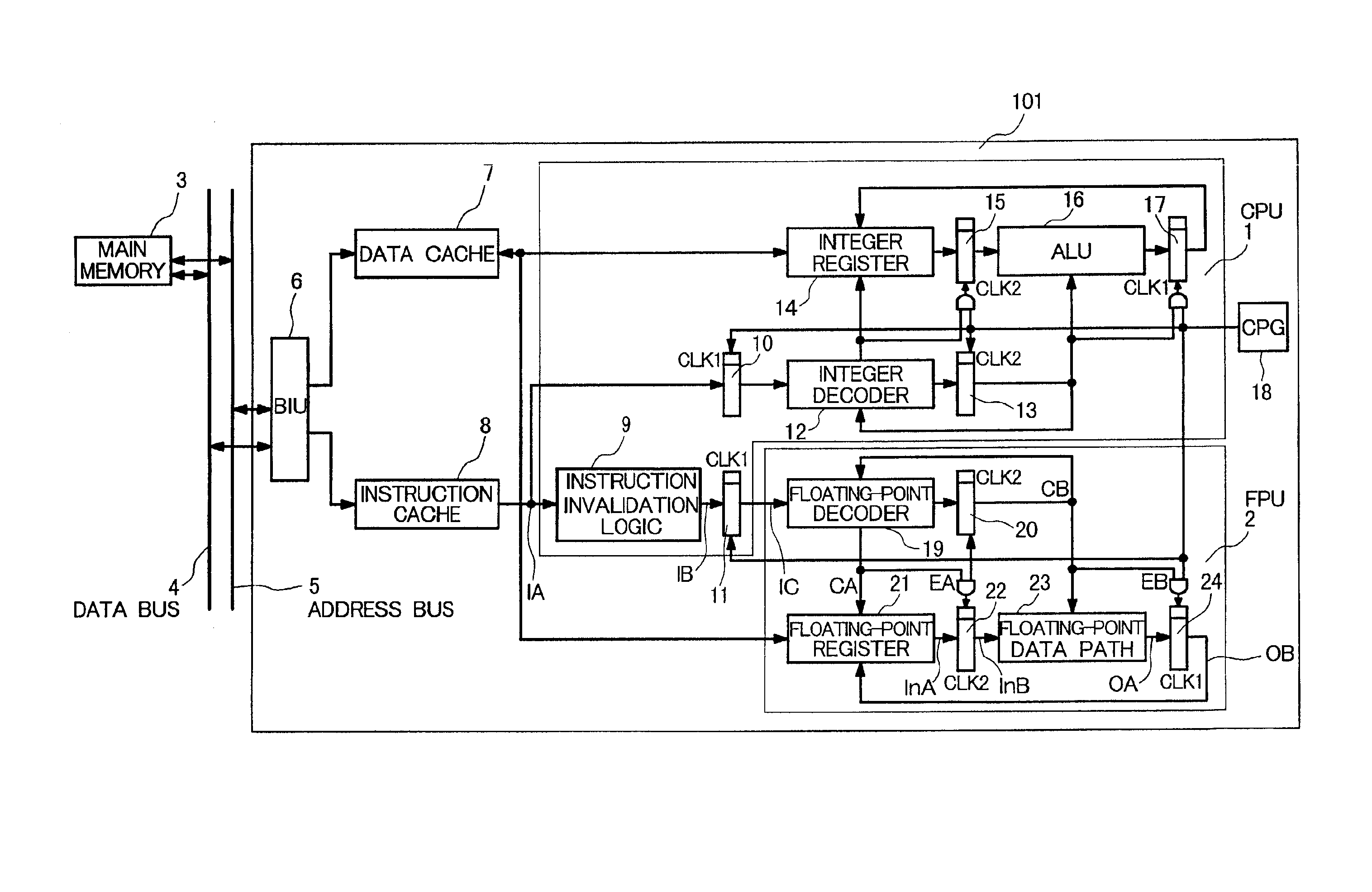 Substituting specified instruction with NOP to functional unit and halting clock pulses to data latches for power saving