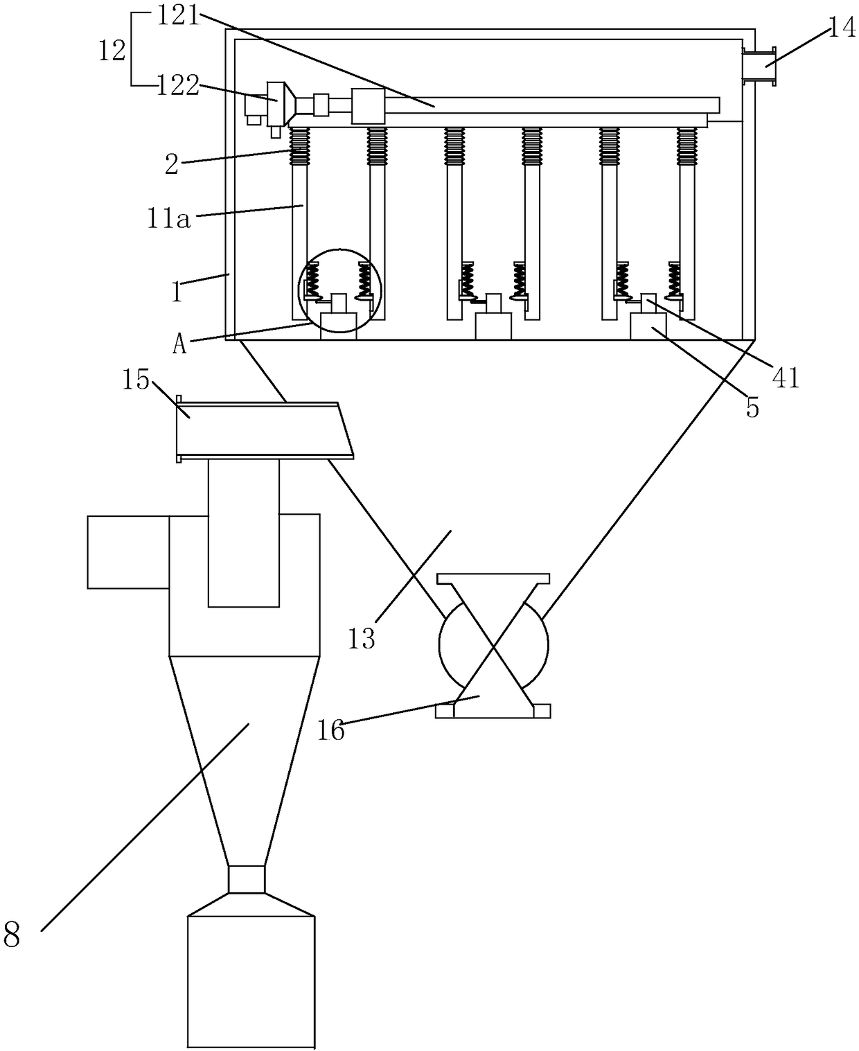 Bag-type dust collector with prepositioned cyclone separator