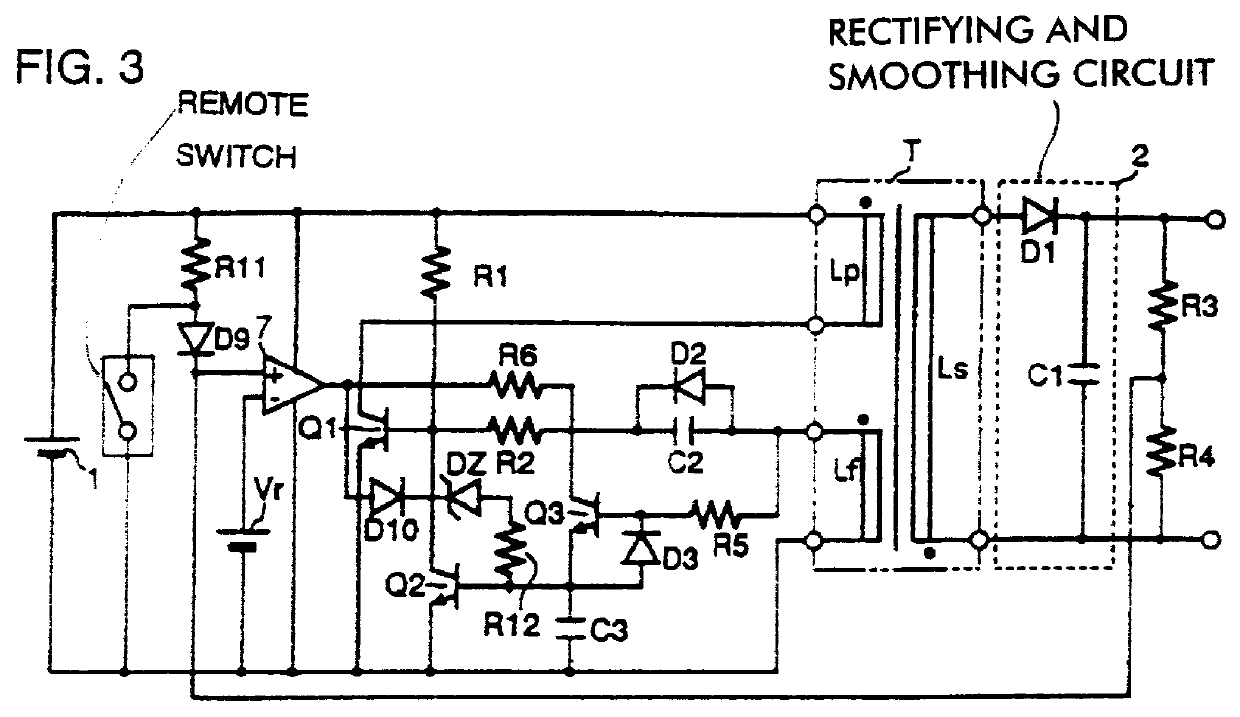 Self-oscillation type switching power supply having time constant circuit electronic switch an external voltage and having charging time variable in response to output voltage