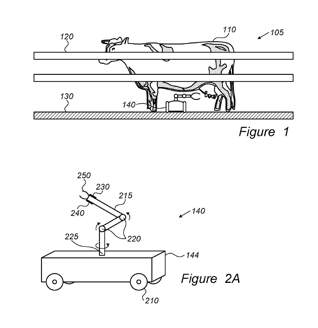 Multiple cell voluntary milking method and system, comprising a mobile milking robot having a minimal footprint