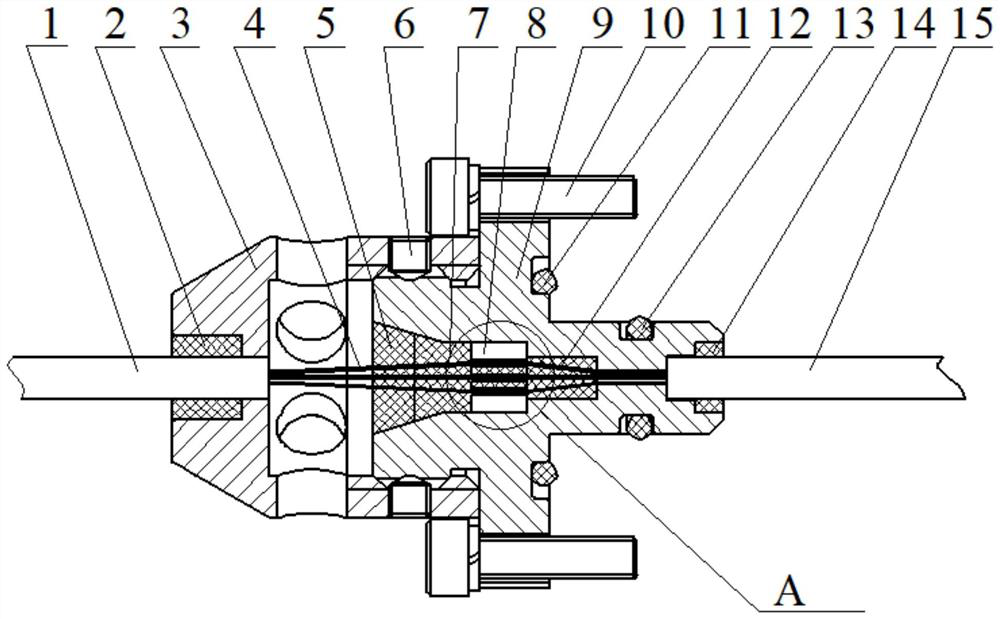 High-pressure-resistant optical fiber cabin-penetrating connector sealed by combined glue and sealing method