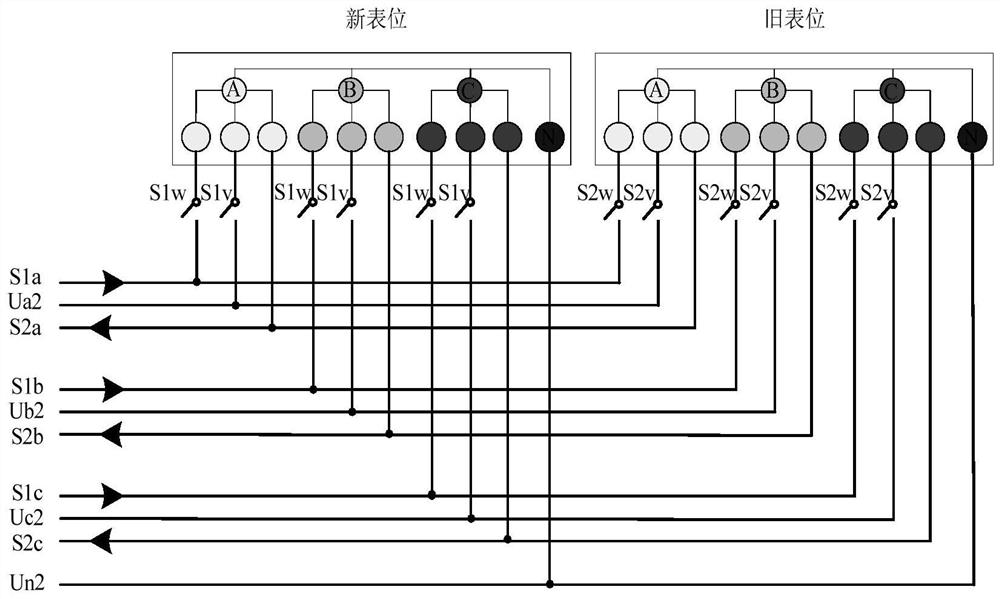 Switching device for live replacement of electric energy meter for uninterrupted measurement and method for replacing electric energy meter