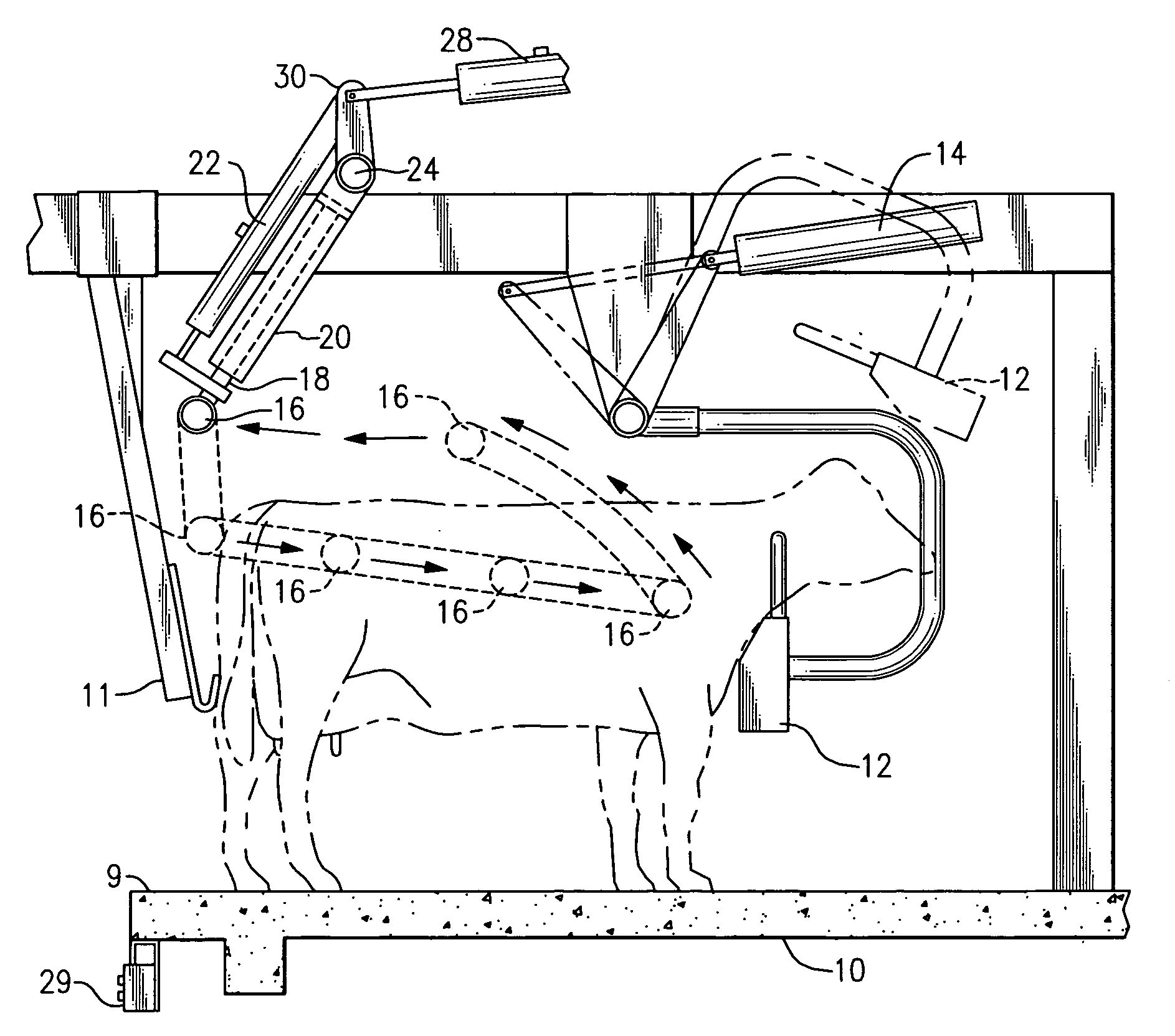 Exit gate with cow push bar for milking parlor