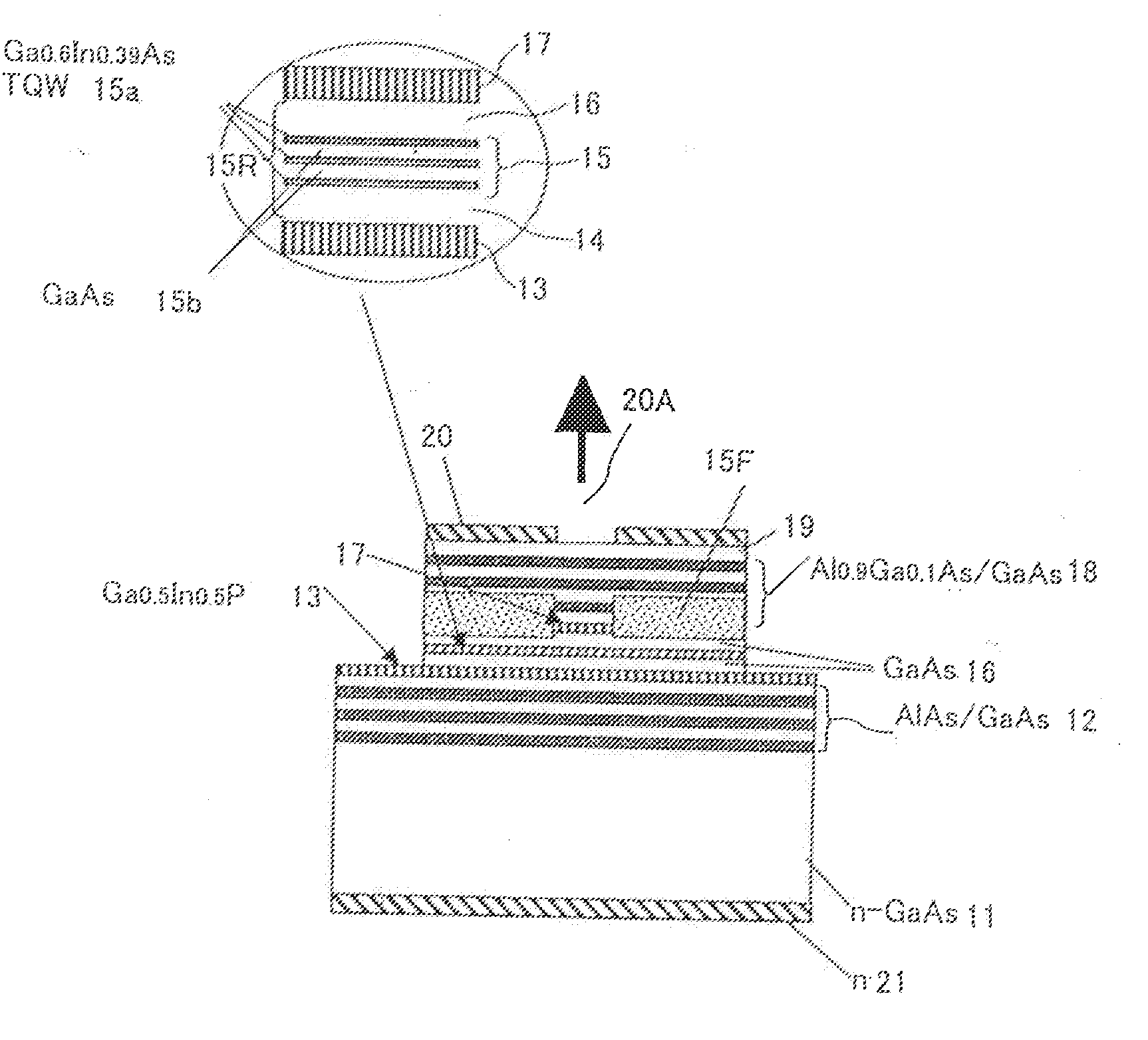 Surface-emission laser diode operable in the wavelength band of 1.1-1.7 micrometers and optical telecommunication system using such a laser diode