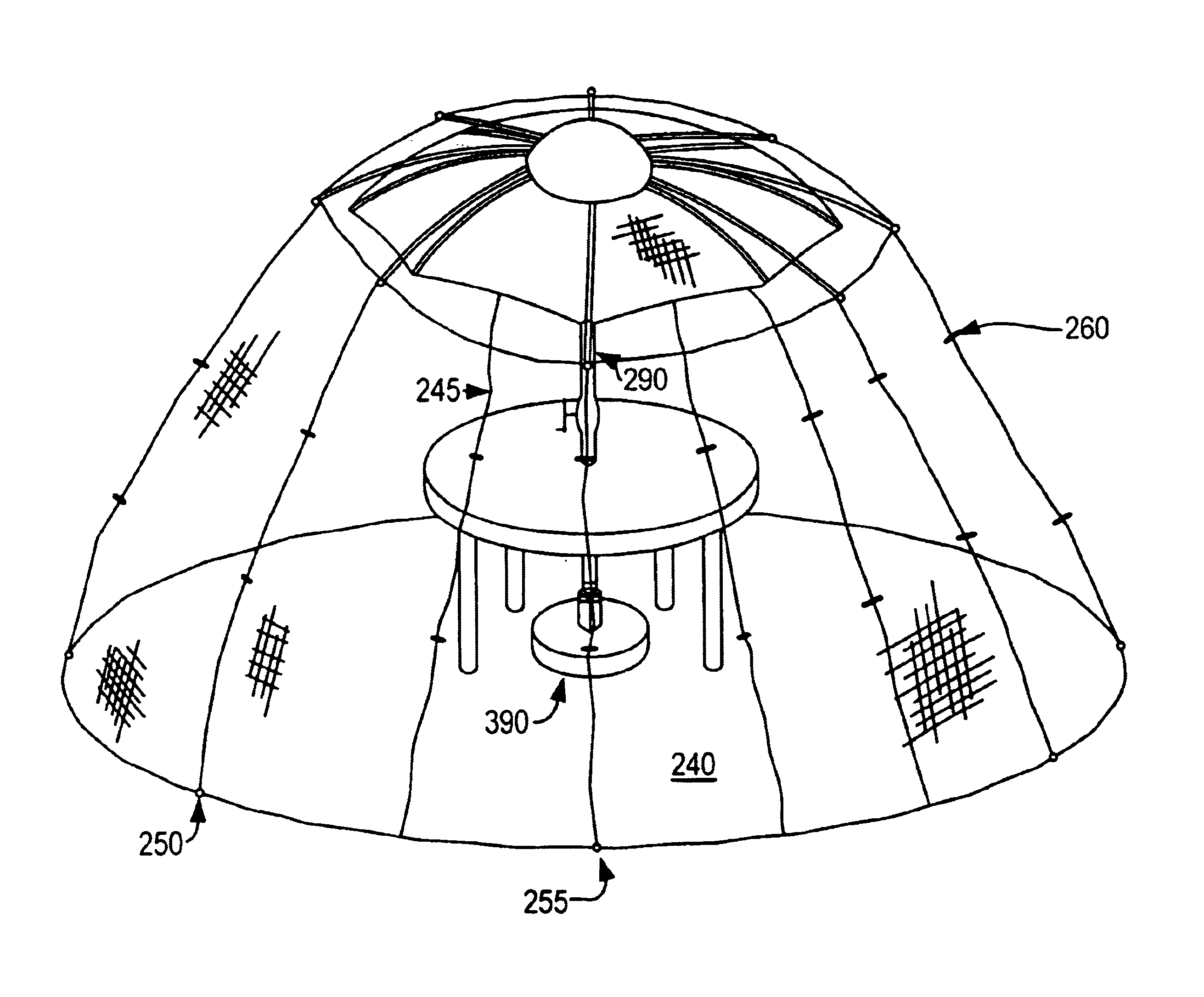 Umbrella with chamber and transport for a canopeum