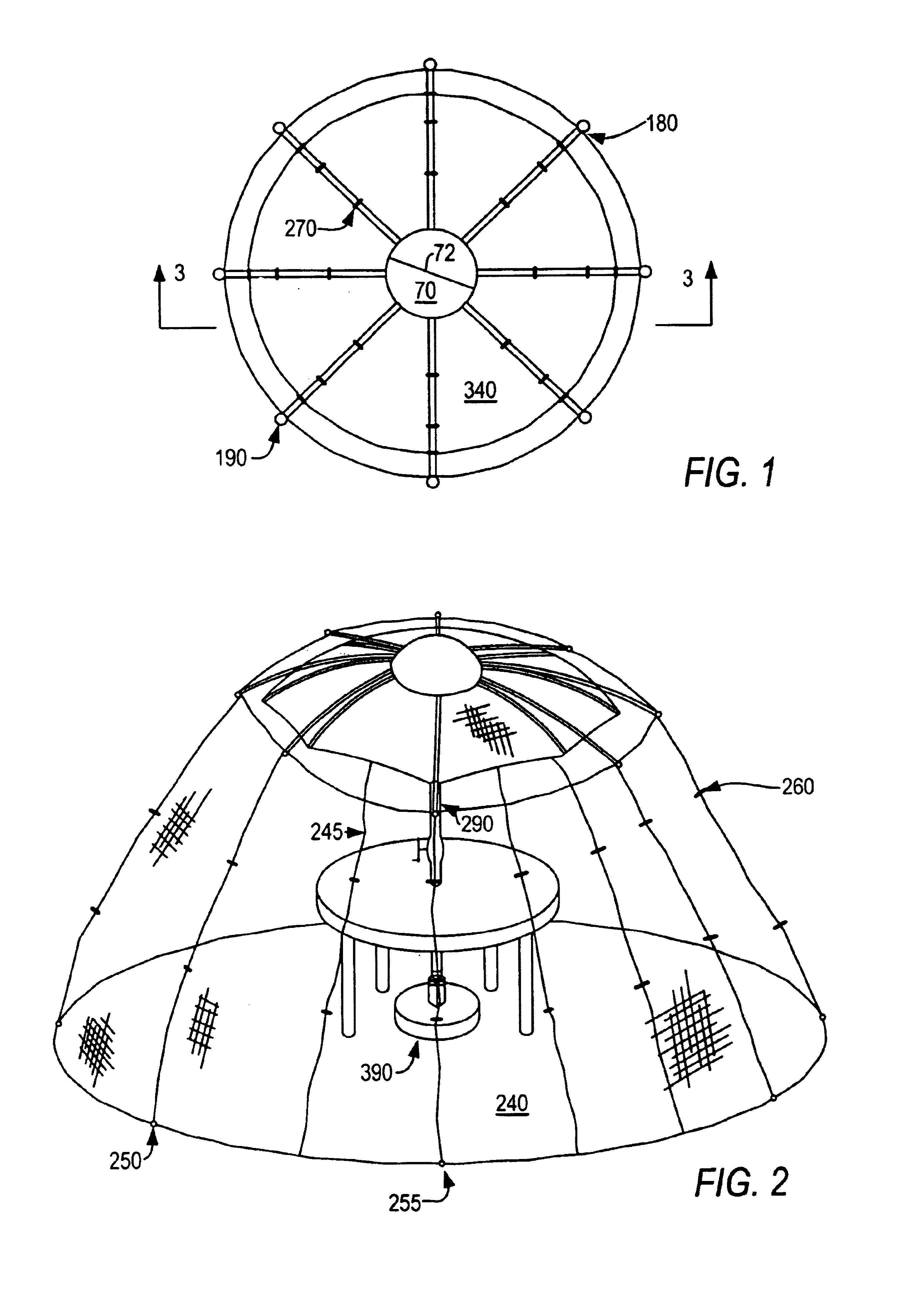 Umbrella with chamber and transport for a canopeum