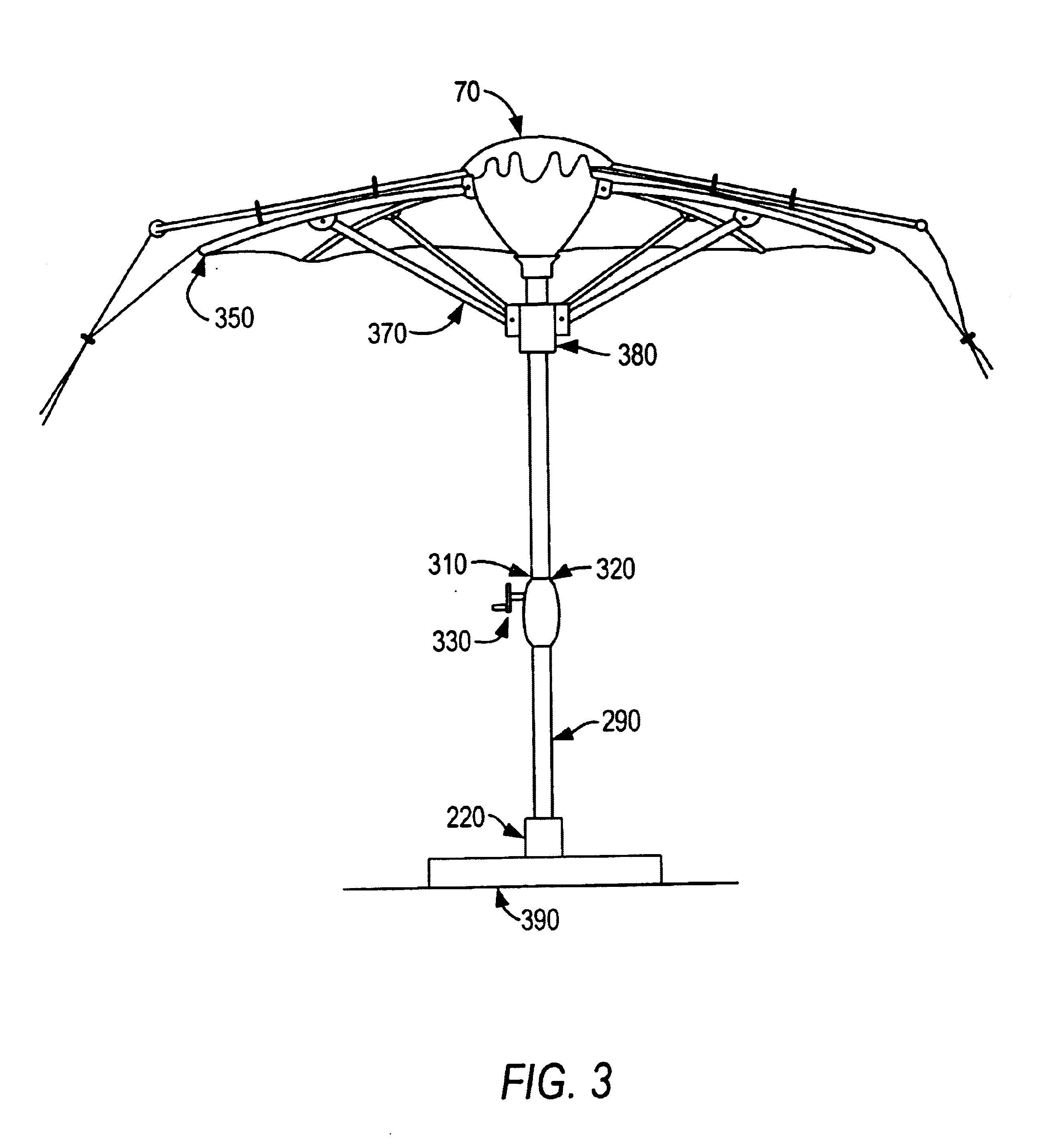 Umbrella with chamber and transport for a canopeum